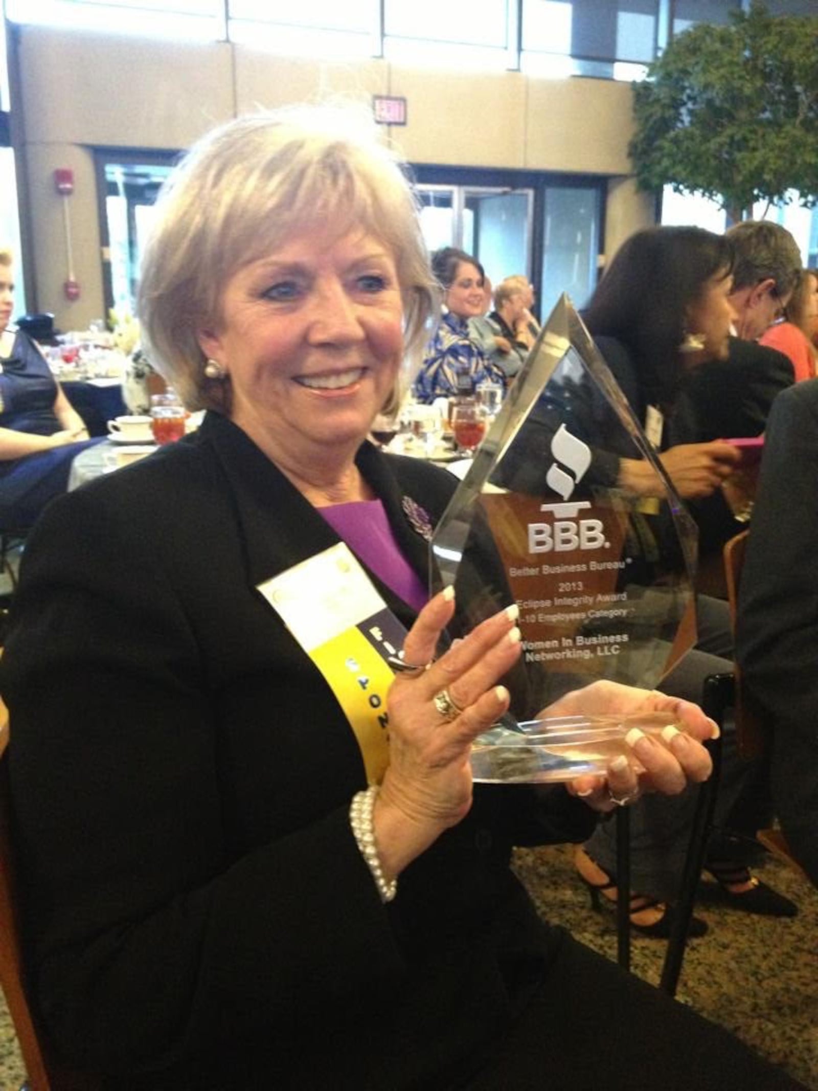 Jeanne Porter after receiving the Better Business Bureau Eclipse Integrity Award for WiBN in 2014. CONTRIBUTED