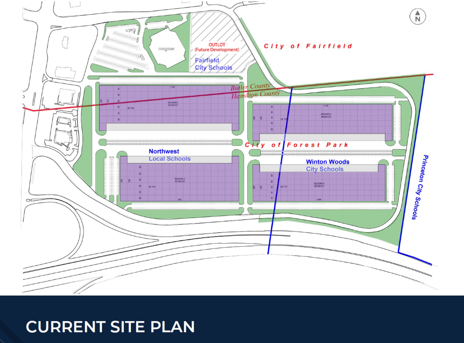 Pictured is the concept for the redevelopment plan of the former Forest Fair Village (originally the Forest Fair Mall). Hillwood is considering purchasing the property, but is seeking buy in from Fairfield and Forest Park before seeking rezoning of the 90.5-acre property the bisects the two communities. If zoning is approved, Hillwood would seek to purchase the property and build a mixed-use development. PROVIDED