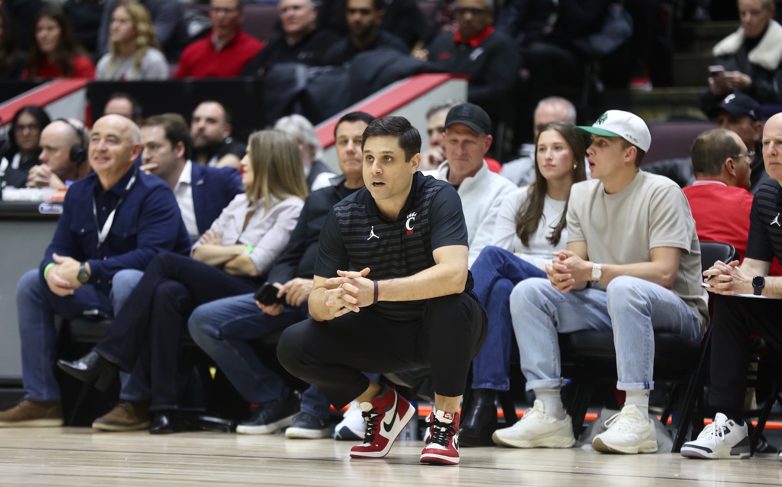 Cincinnati's Wes Miller coaches during a game against Dayton on Friday, Dec. 20, 2024, at the Heritage Bank Center in Cincinnati.