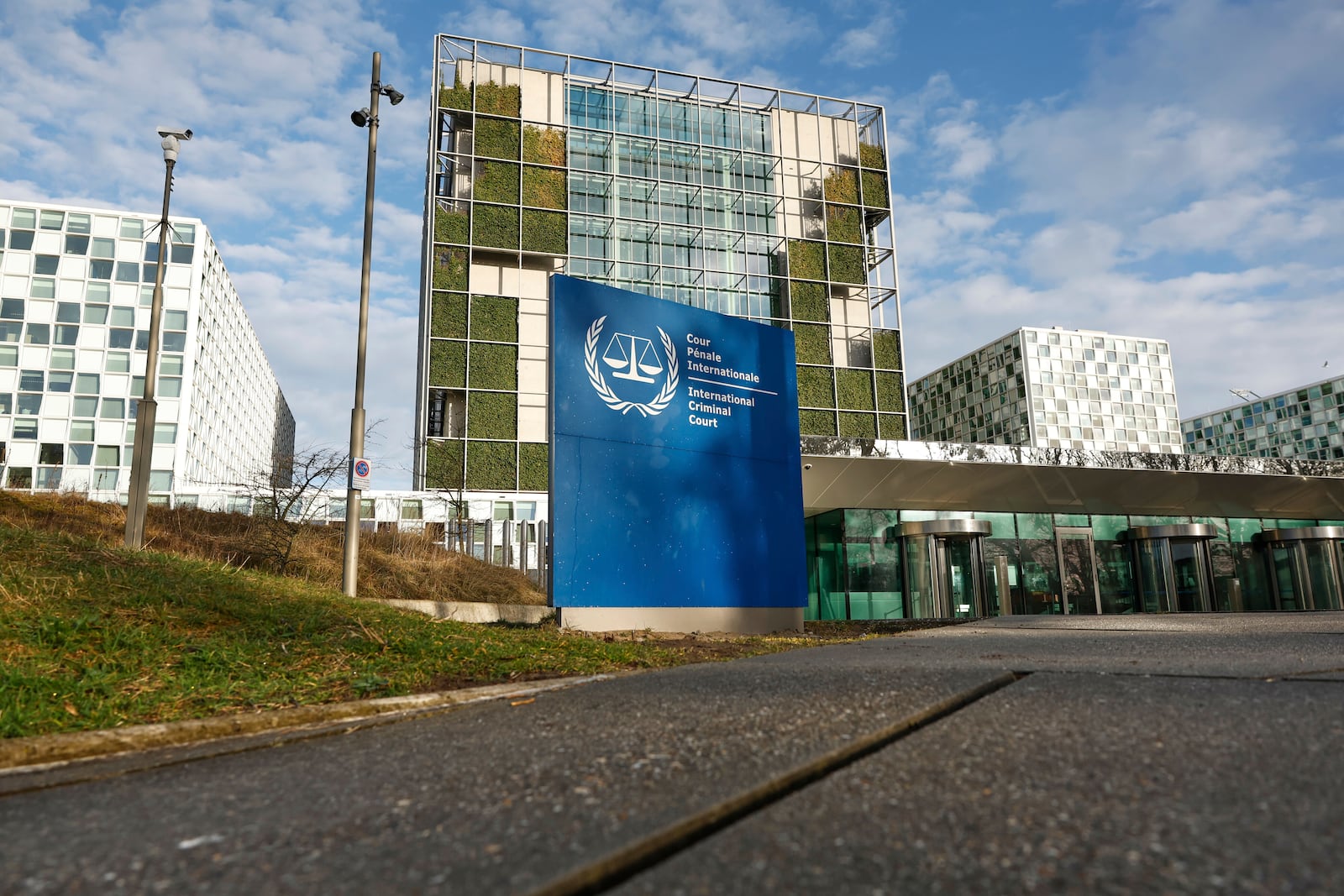 A general view of the exterior of the International Criminal Court in The Hague, Netherlands, Wednesday, March 12, 2025. (AP Photo/Omar Havana)