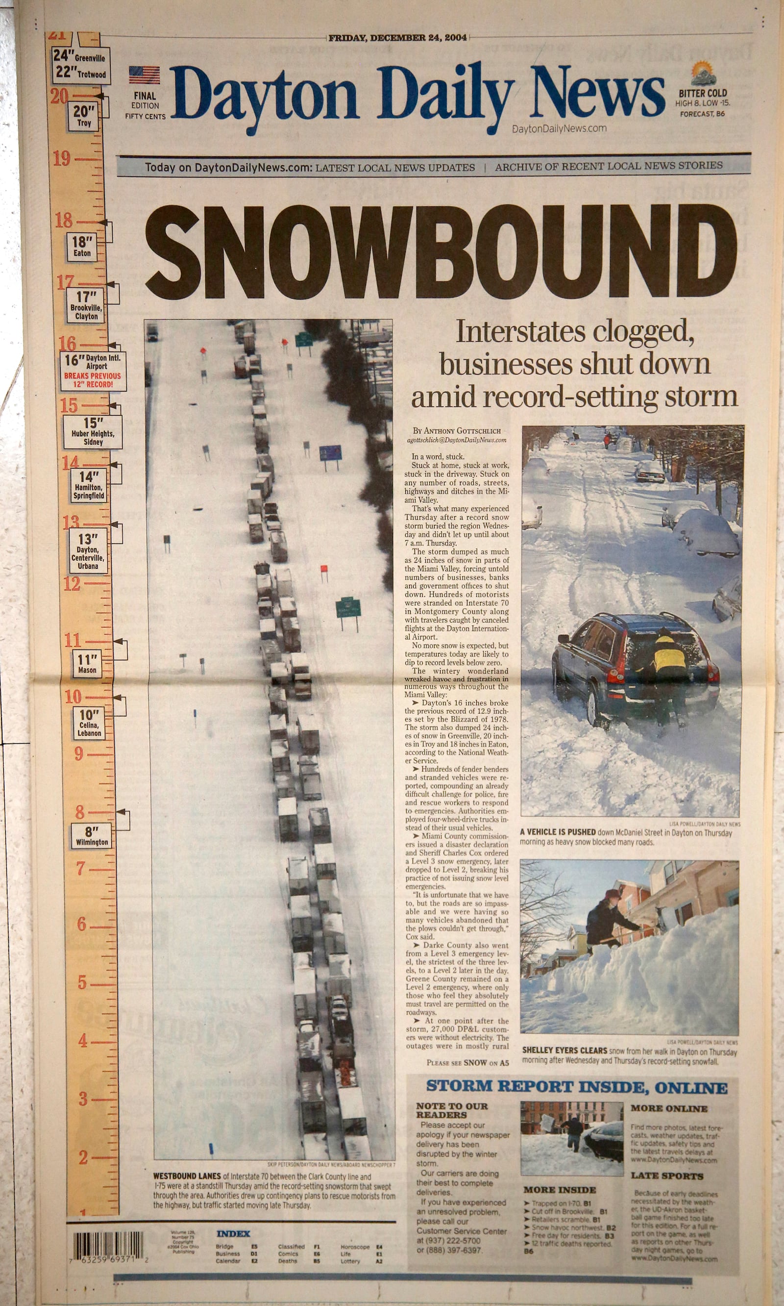 December 24, 2004:  The front page of the Dayton Daily News coverage of a large snowstorm in December 2004.  VIEW THE FULL-SIZE PAGE: https://www.daytondailynews.com/rw/Pub/p9/DaytonDailyNews/2018/08/14/Images/2004_12_24.jpg