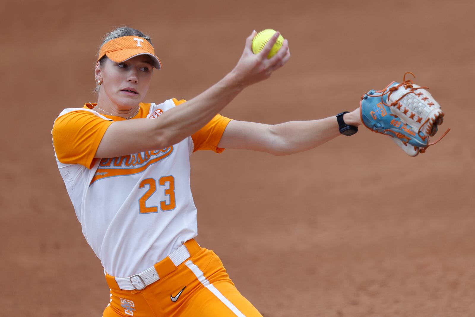 FILE - Tennessee starting pitcher Karlyn Pickens (23) in action during an NCAA regional softball game against Dayton on Friday, May 17, 2024, in Knoxville, Tenn. (AP Photo/Mike Buscher, File)