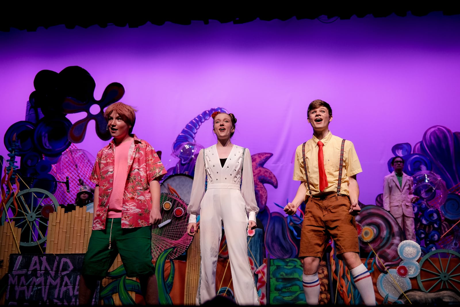 Left to right: Raef Norgaard (Patrick), Grace McGuire (Sandy) and Jake Eyink (SpongeBob Squarepants) in Franklin High School's production of "The SpongeBob Musical." The production will be recognized at the 2023 Miami Valley High School Theatre Awards Showcase June 6 at the Schuster Center. CONTRIBUTED