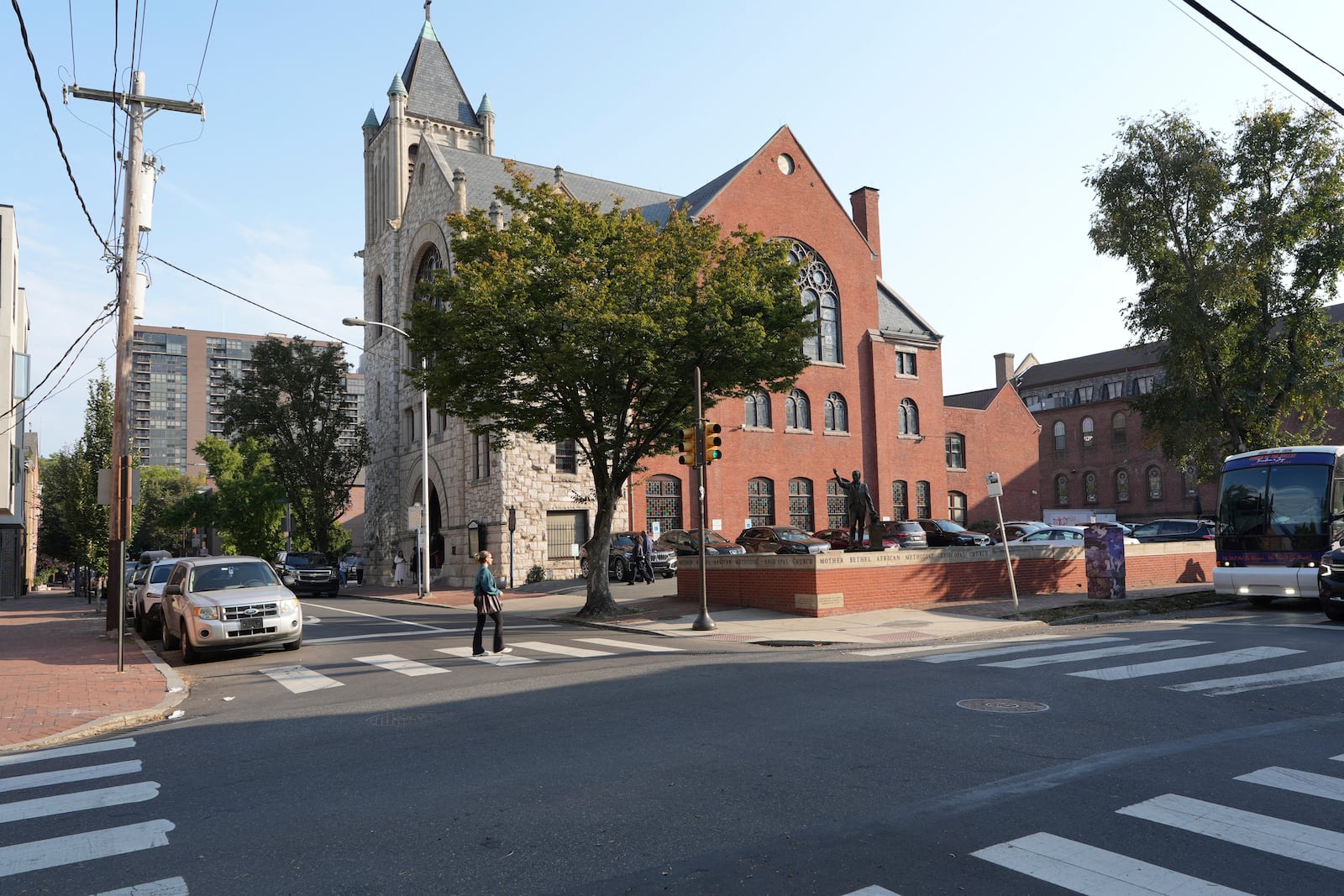 The Mother Bethel African Methodist Episcopal Church stands on the oldest parcel of land continuously owned by Black Americans in Philadelphia on Sunday, Oct 13, 2024. (AP Photo/Luis Andres Henao)