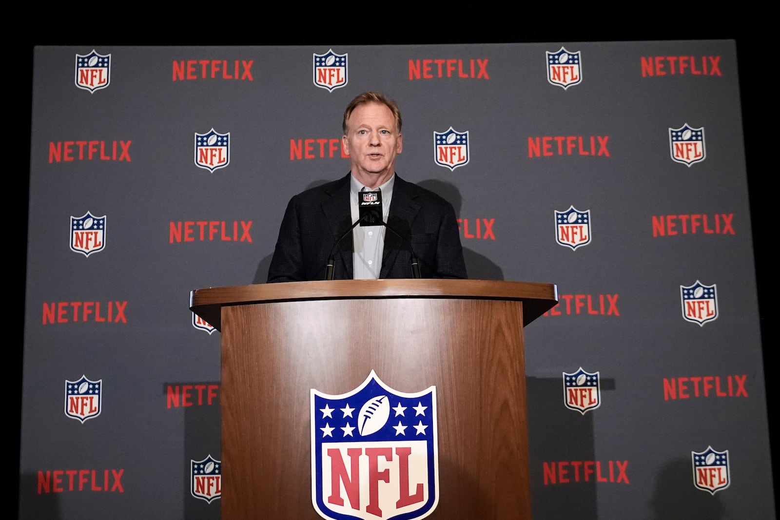 NFL Commissioner Roger Goodell speaks to media at the NFL football owners meeting Wednesday, Dec. 11, 2024, in Irving, Texas. (AP Photo/LM Otero)