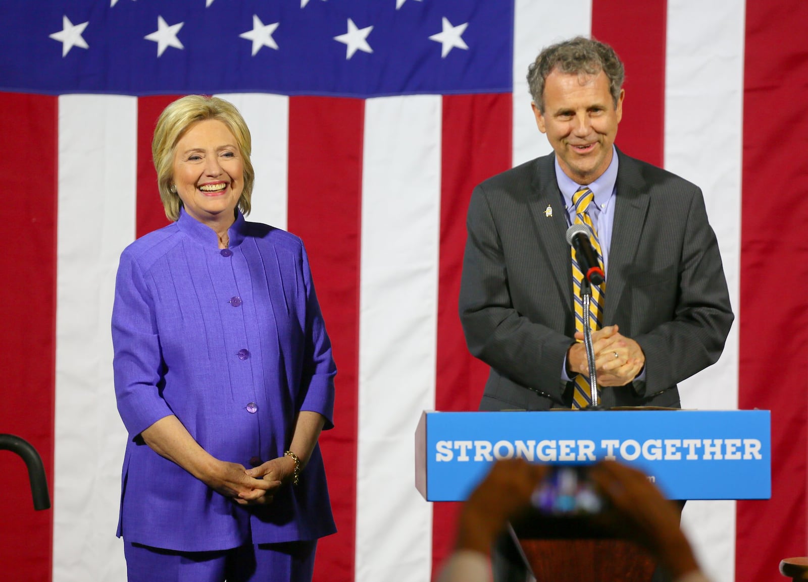 Ohio Senator Sherrod Brown and Hillary Clinton spoke to a crowd gathered for a Cincinnati organizing event held at the Dieterle Vocal Arts Center, University of Cincinnati, Monday, July 18, 2016. GREG LYNCH / STAFF