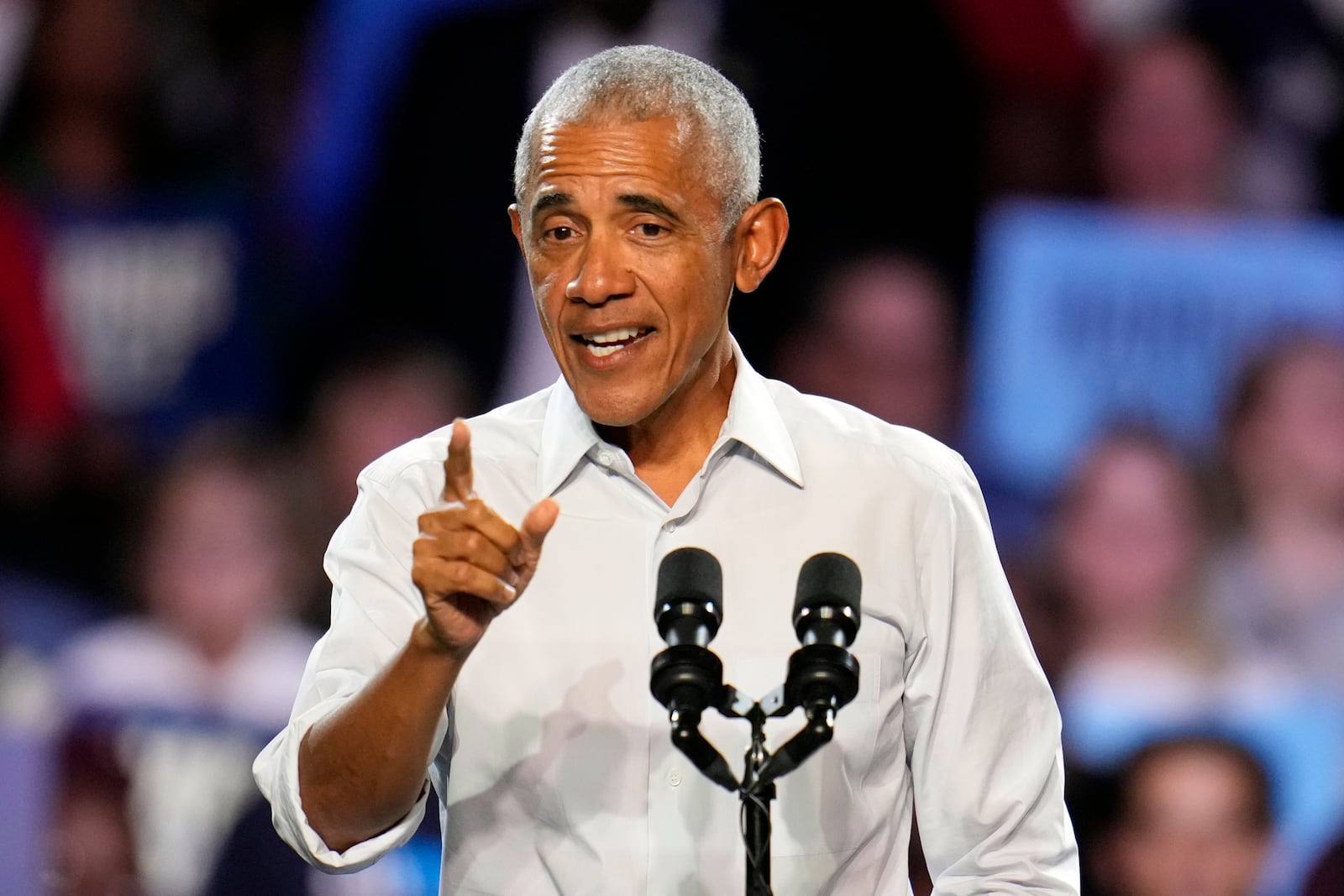 Former President Barack Obama speaks at a campaign rally supporting Democratic presidential nominee Vice President Kamala Harris, Tuesday, Oct. 22, 2024, in Detroit. (AP Photo/Paul Sancya)