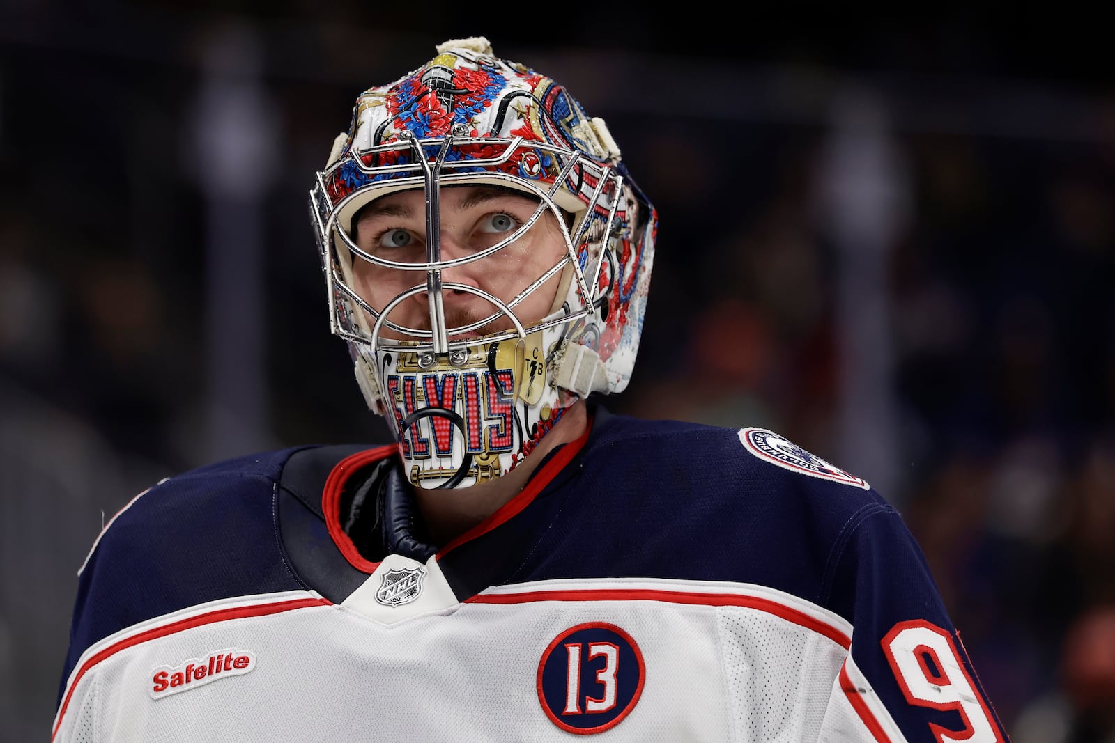 Columbus Blue Jackets goaltender Elvis Merzlikins reacts after giving up a goal to New York Islanders center Bo Horvat in the second period of an NHL hockey game Monday, Jan. 20, 2025, in Elmont, N.Y. (AP Photo/Adam Hunger)