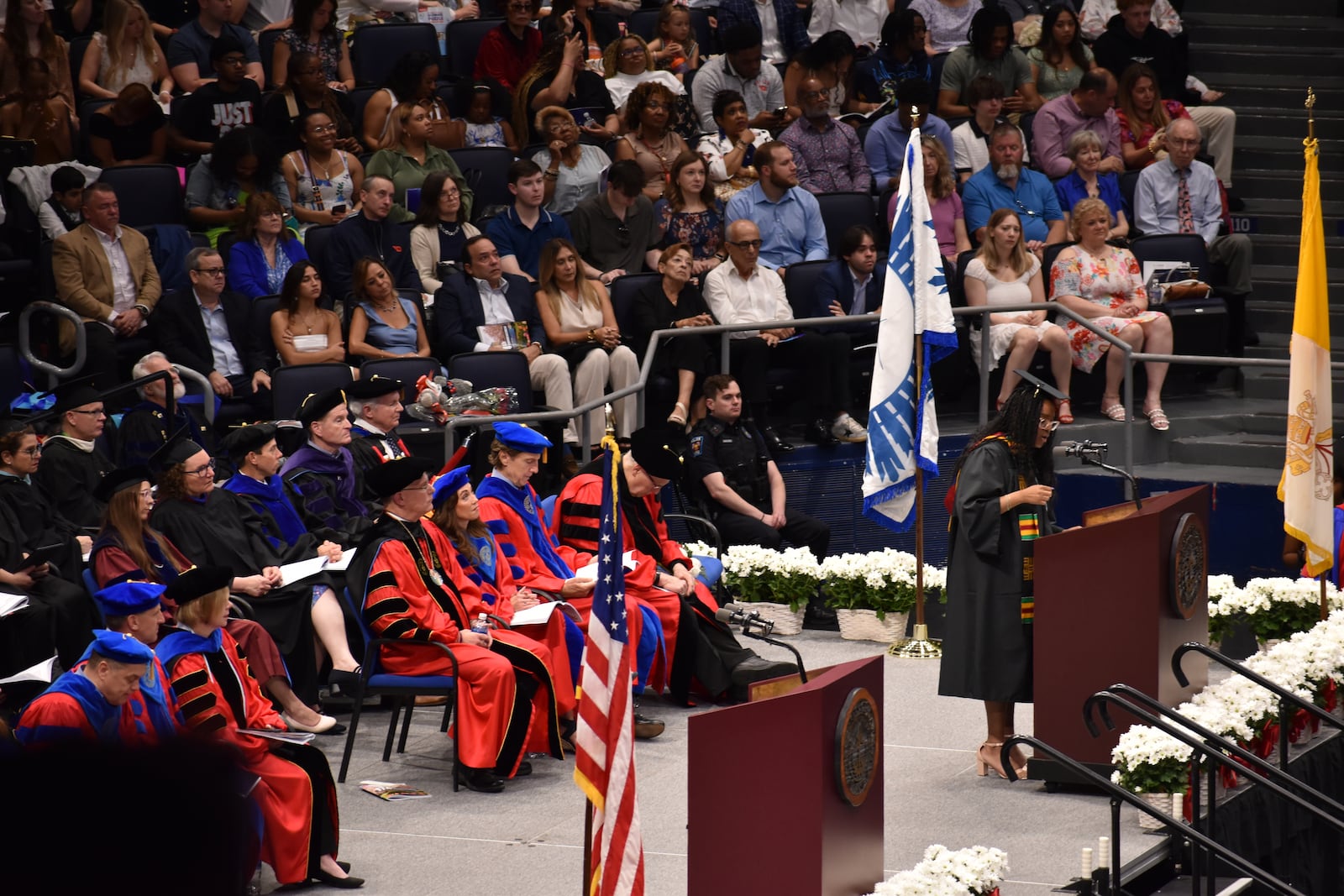 Rihanna Domingos, the student speaker at the University of Dayton's 2024 undergraduate commencement on Sunday, May 5, 2024, at UD Arena. SAM WILDOW\STAFF