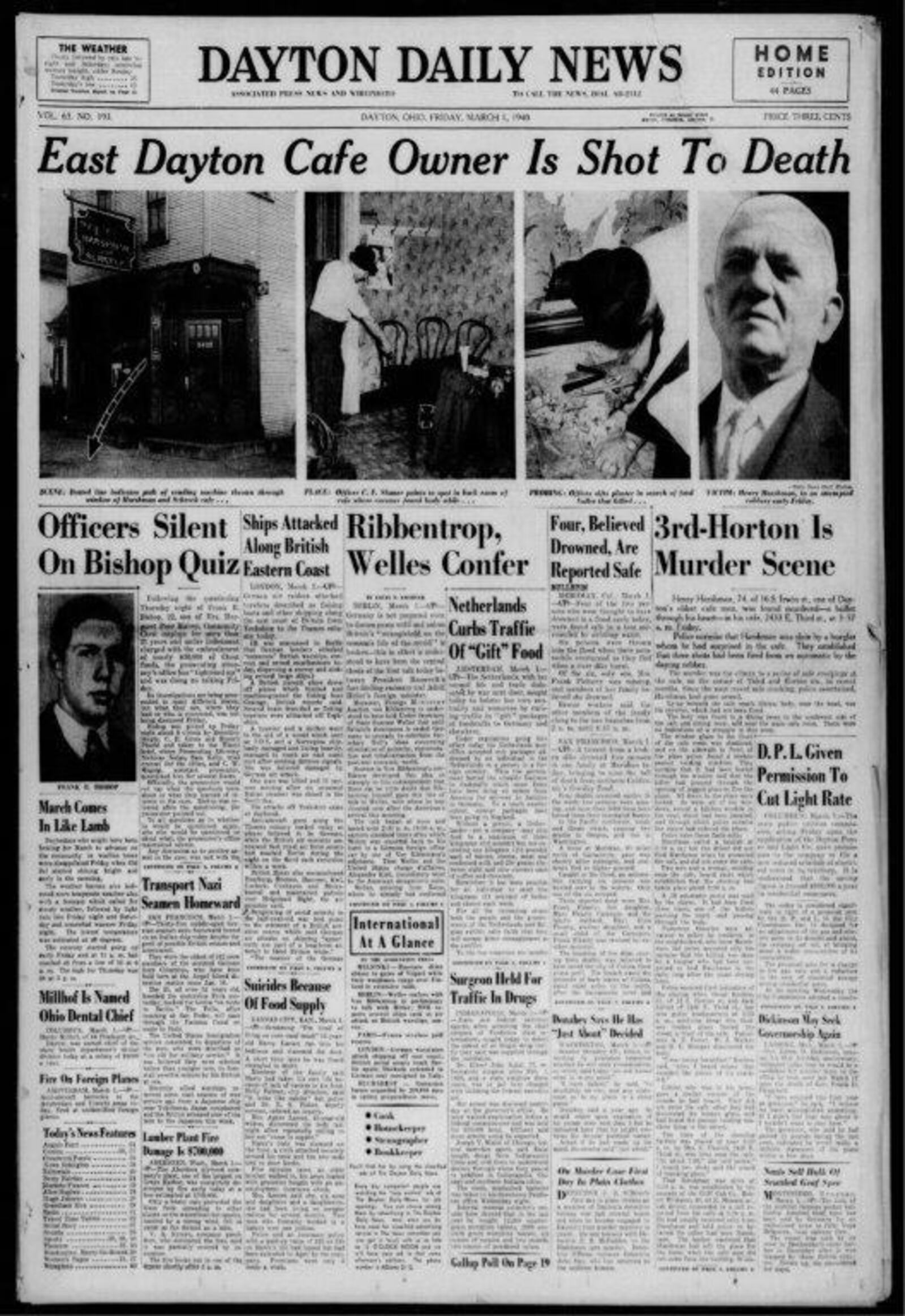 Dayton Daily News front page on March 1, 1940.