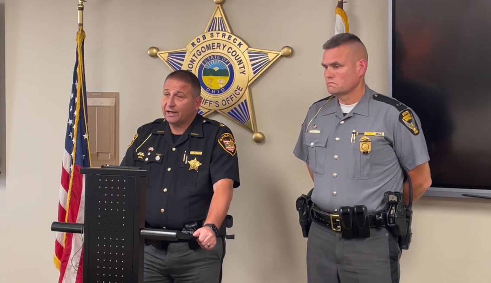 Montgomery County Sheriff Rob Streck, joined by Ohio State Highway Patrol Lt. Geoffrey Freeman, speaks about a traffic fatality Monday, Oct. 3, 2022, involving a jail inmate picking up litter on the side of southbound Interstate 75. PARKER PERRY/STAFF