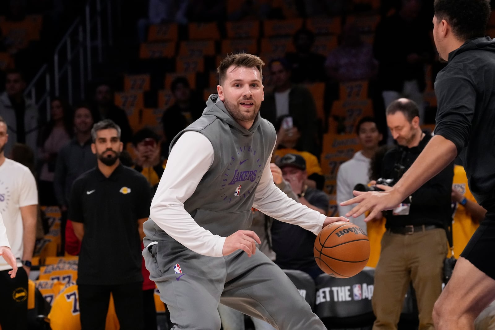 Los Angeles Lakers guard Luka Doncic warms up before an NBA basketball game against the Utah Jazz, Monday, Feb. 10, 2025, in Los Angeles. (AP Photo/Mark J. Terrill)