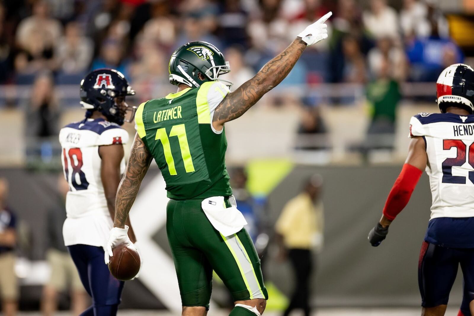 Cody Latimer signals a first down after making a catch for the Orlando Guardians vs. the Houston Roughnecks at Camping World Stadium on March 11th, 2023 in Orlando, Fla.. XFL/Orlando Guardians