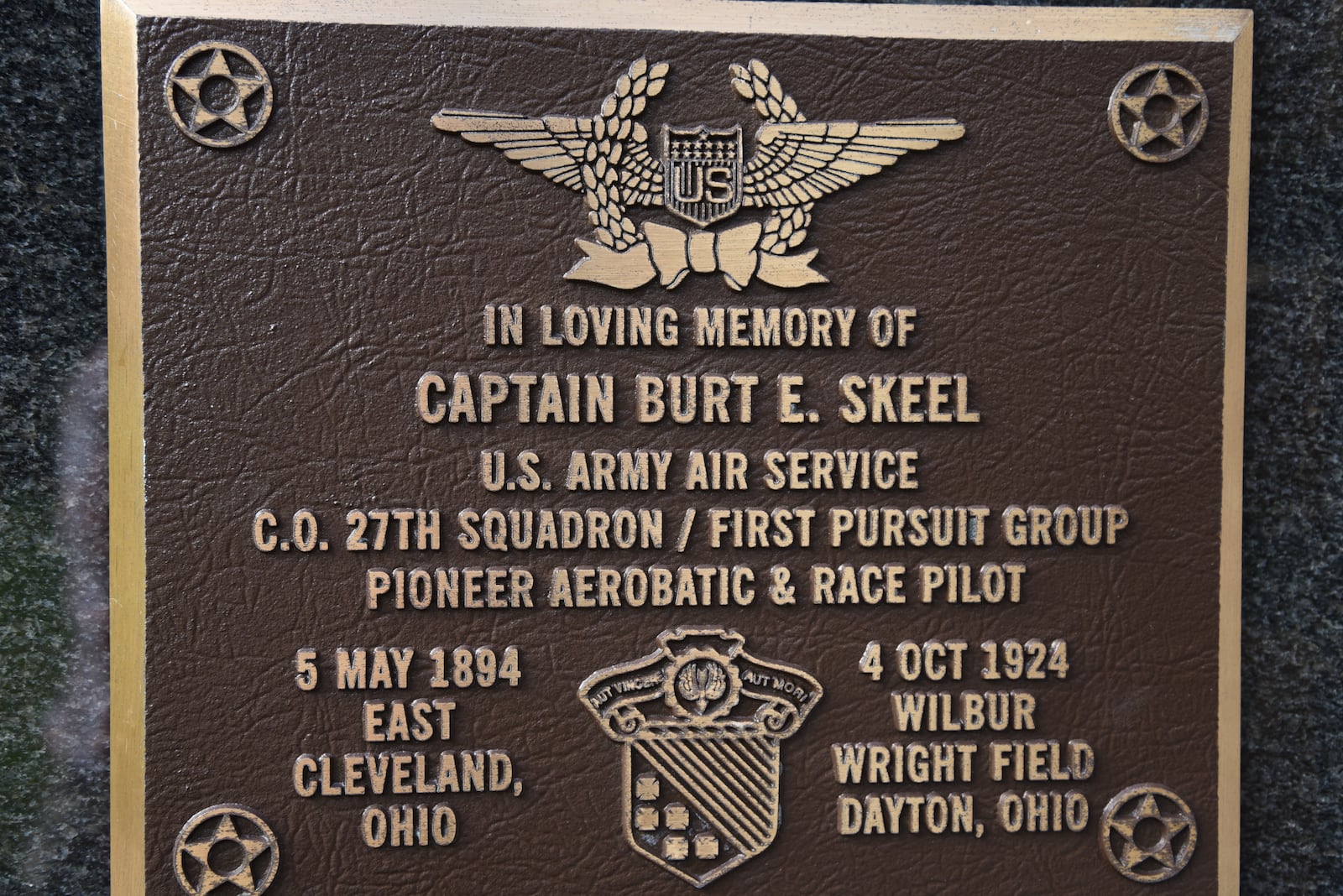 A plaque in the Memorial Park outside the National Museum of the U.S. Air Force honors Capt. Burt Skeel, Wright-Patterson Air Force Base. Skeel was killed piloting a Curtiss R-6 Racer during the International Air Races at Wilbur Wright Field in 1924. Flying at roughly 275 mph, the wings broke away from the fuselage and the aircraft plummeted 2,000 feet to the ground.(U.S. Air Force photo by Matthew Clouse