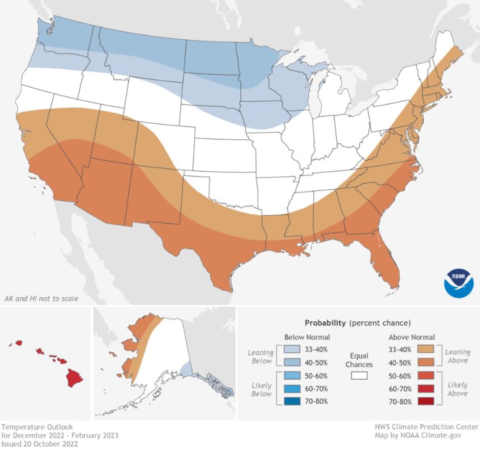 NOAA winter 2022-23 temperature outlook map