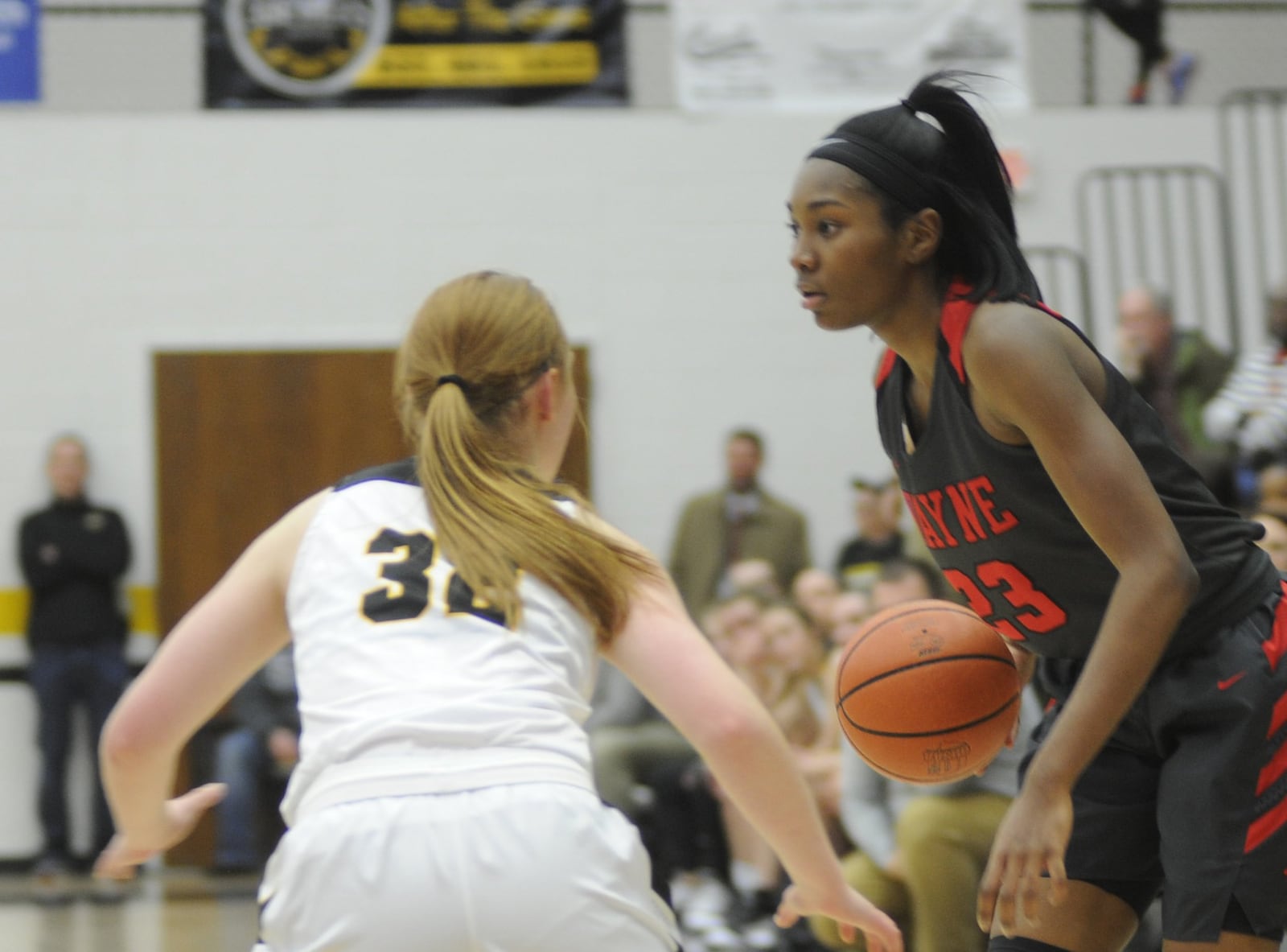 Wayne’s Aubryanna Hall (with ball) is checked by Centerville’s Sam Chable. Centerville defeated visiting Wayne 66-60 in a girls high school basketball game on Monday, Dec. 17, 2018. MARC PENDLETON / STAFF