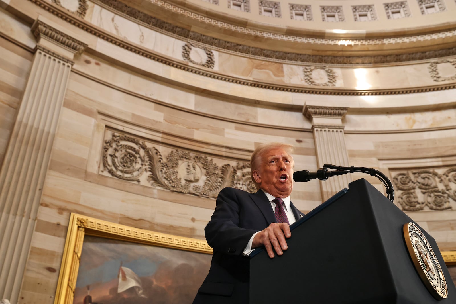 President Donald Trump speaks during the 60th Presidential Inauguration in the Rotunda of the U.S. Capitol in Washington, Monday, Jan. 20, 2025. (Chip Somodevilla/Pool Photo via AP)