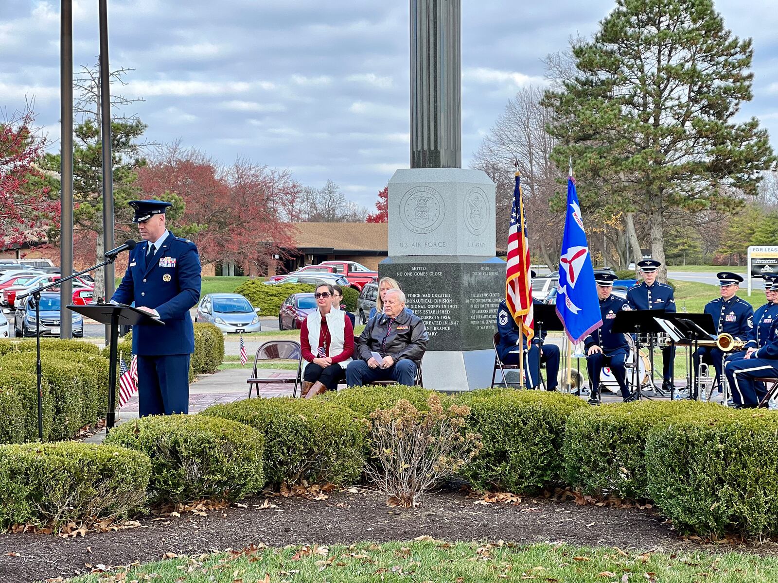 Col. Sean Brazel, 88th Mission Support Group Commander at Wright-Patterson Air Force Base addresses the crowd during Saturday's Veterans Day event in Beavercreek. AIMEE HANCOCK/STAFF