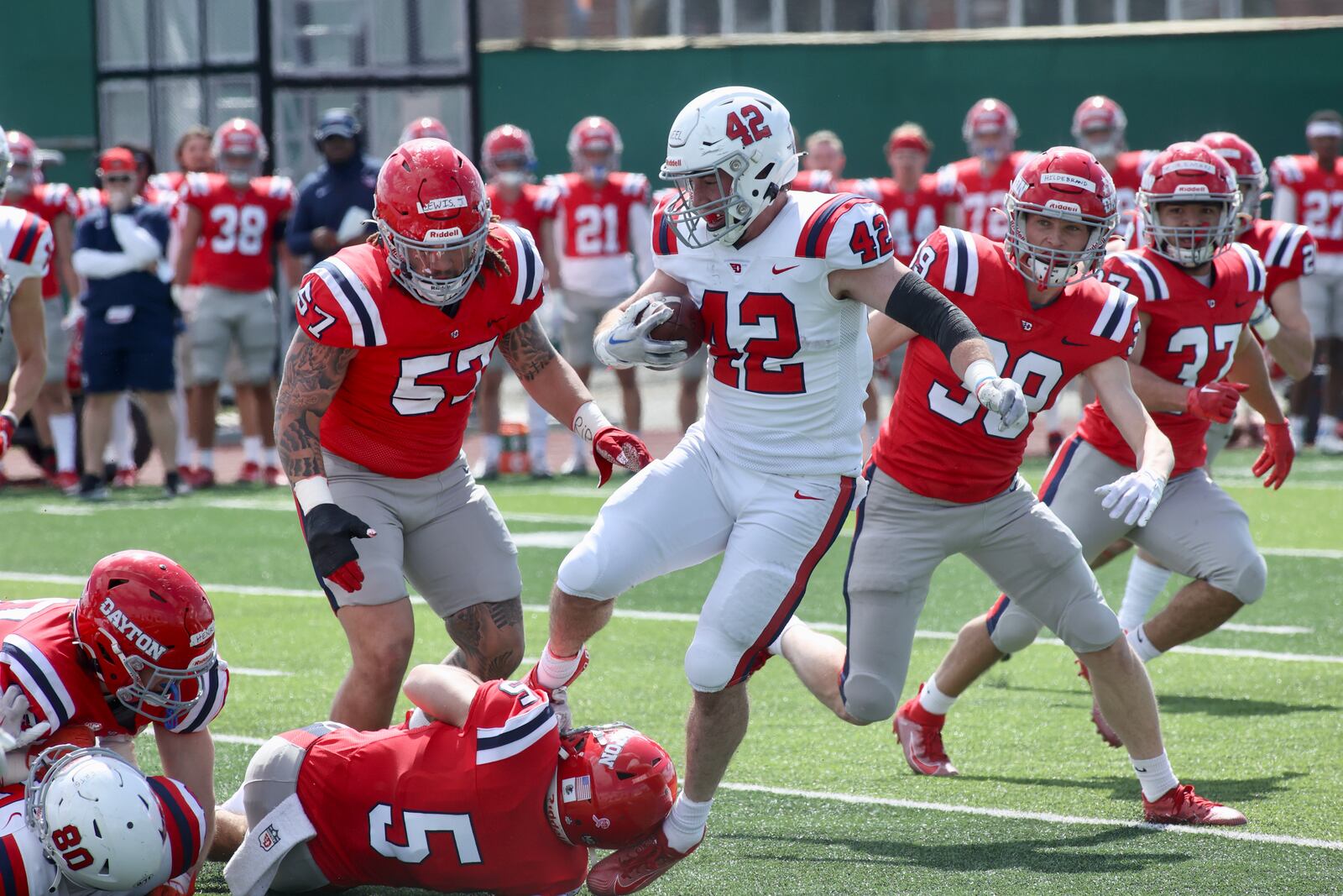 Dayton's Michael Neel runs in the annual spring football game on Sunday, April 2, 2023, at the Jerry Von Mohr Practice Facility in Dayton. David Jablonski/Staff