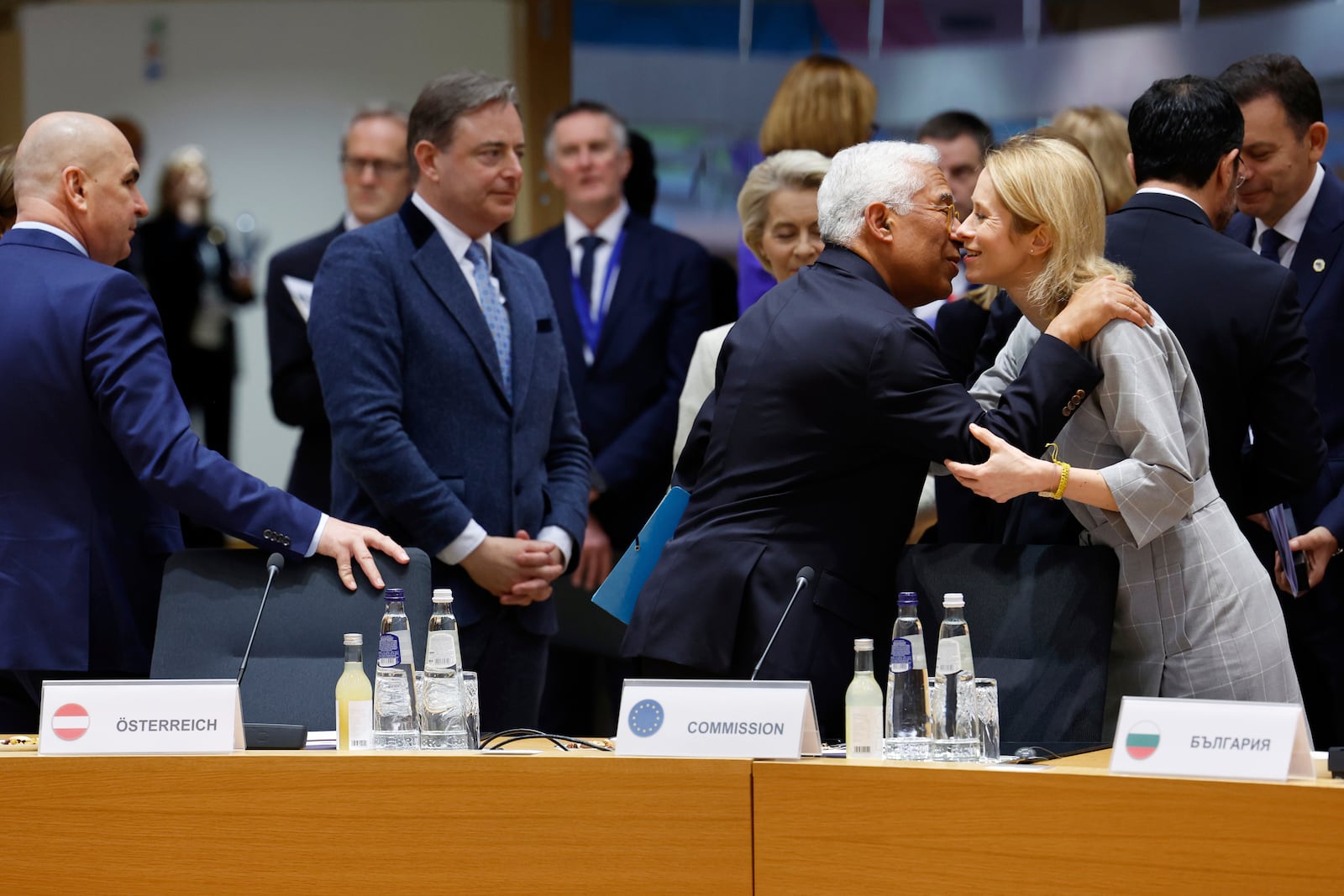 European Council President Antonio Costa, center left, greets European Union foreign policy chief Kaja Kallas as they arrive for a round table meeting at an EU Summit in Brussels, Thursday, March 6, 2025. (AP Photo/Geert Vanden Wijngaert)