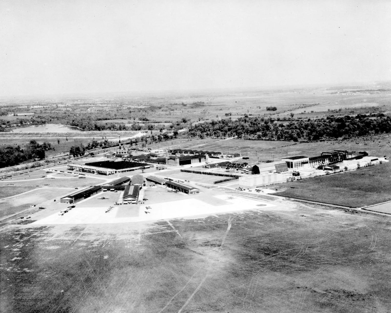 A view from the air of Wright Field during WWII. Before Wright Patterson Air Force Base, Wright Field and Patterson Field were two separate camps.