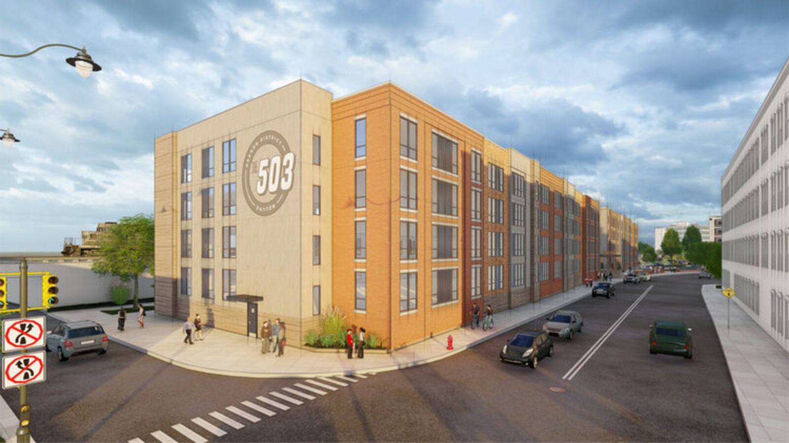 A rendering of the 503 apartment building at the corner of East Fourth Street and Wayne Avenue, near the Oregon District. Crews broke ground on the project in January. CONTRIBUTED