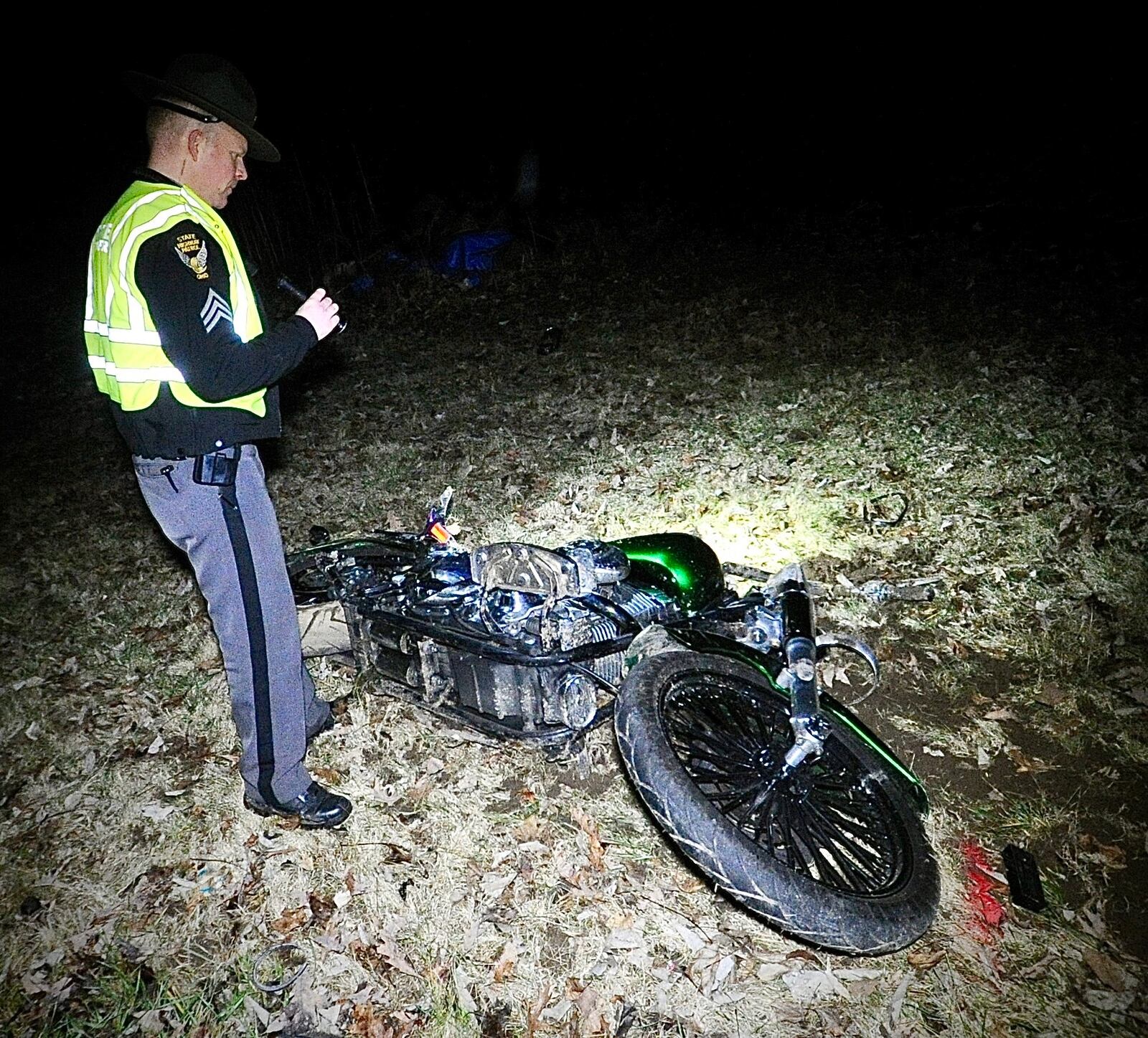 A man crashed his motorcycle on Scarff Road in Clark County on Saturday, Jan. 28, 2023, and was killed, according to troopers from the Springfield Post of the Ohio State Highway Patrol. MARSHALL GORBY/STAFF