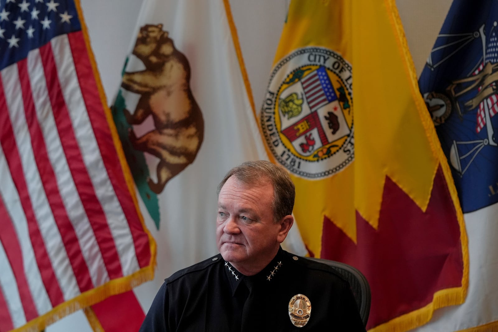 Los Angeles Police Department Chief Jim McDonnell sits for a photo before an interview with The Associated Press in Los Angeles, Wednesday, Dec. 4, 2024. (AP Photo/Jae C. Hong)