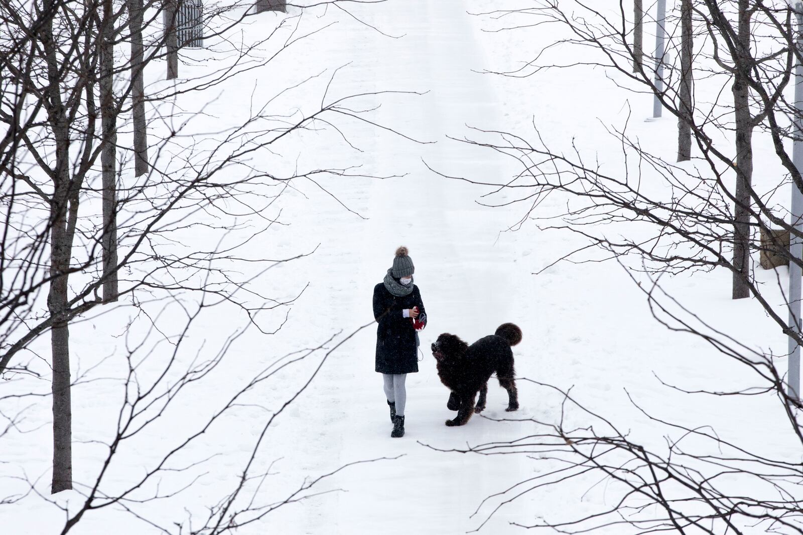 Joelle Curtis walks her dog through the snow on Monday, Feb. 15, 2021, at Smale Riverfront Park in Cincinnati. The National Weather Service issued a winter storm warning starting Monday and going through  Tuesday with heavy snow expected. (Albert Cesare /The Cincinnati Enquirer via AP)