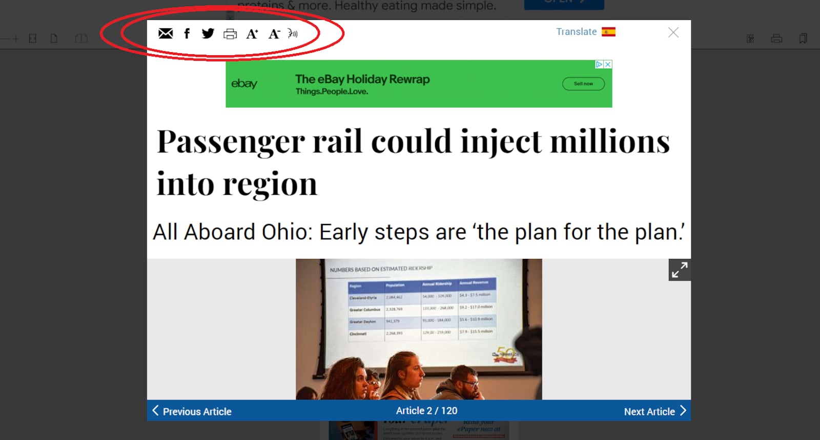 When reading a story in article view of your ePaper, you can choose to share via email or on social media.