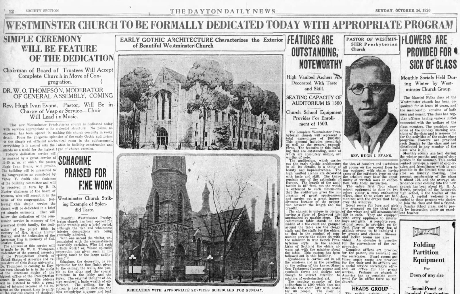 Pastor Hugh Ivan Evans presided over a dedication ceremony for Westminster Presbyterian Church on Oct. 24, 1926. DAYTON DAILY NEWS ARCHIVES