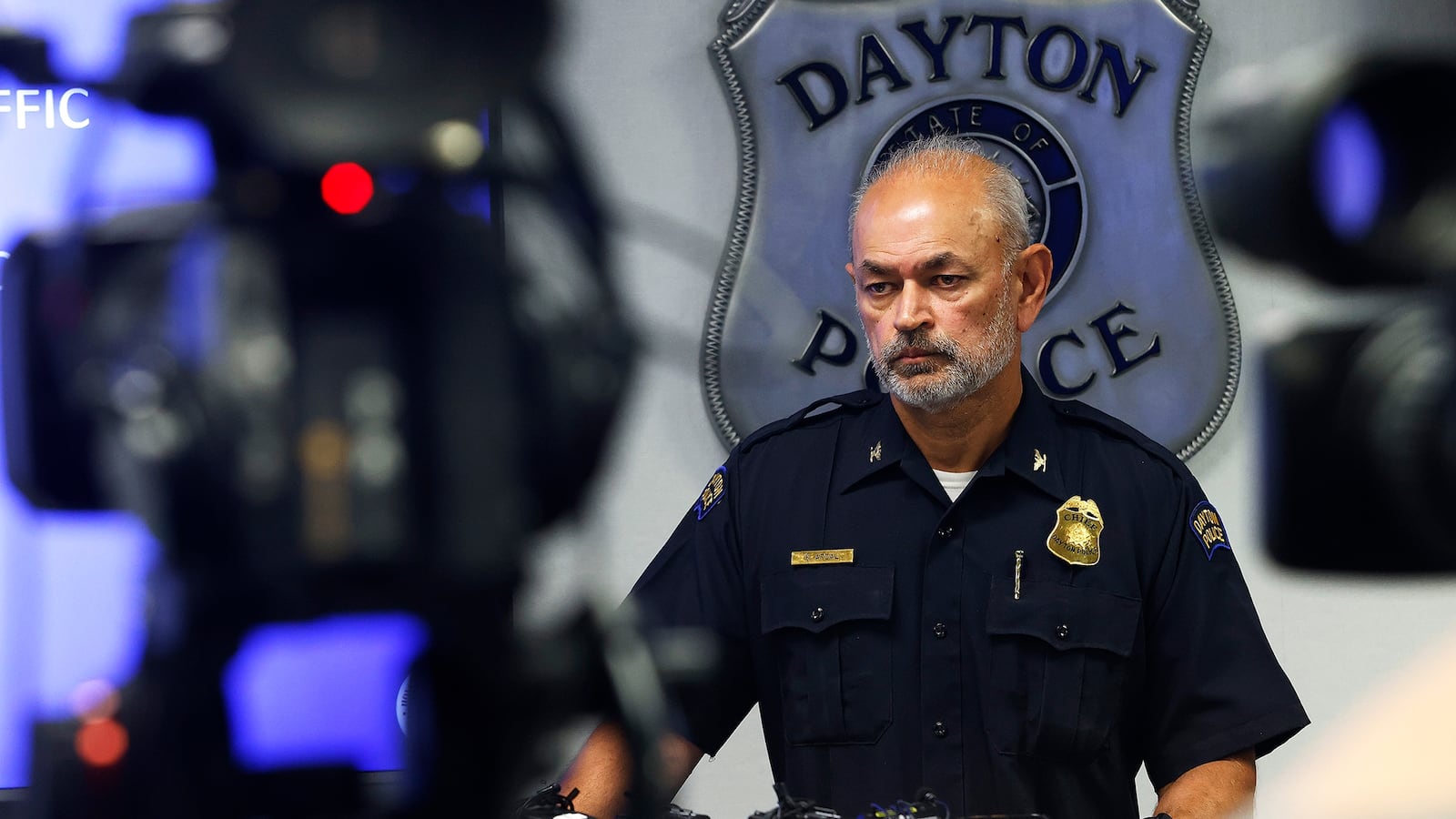 Dayton police chief Kamran Afzal goes over the timeline of the officer involved shooting that happened Friday night, Aug. 23, 2024 in the 900 block of Custer Place. MARSHALL GORBY\STAFF