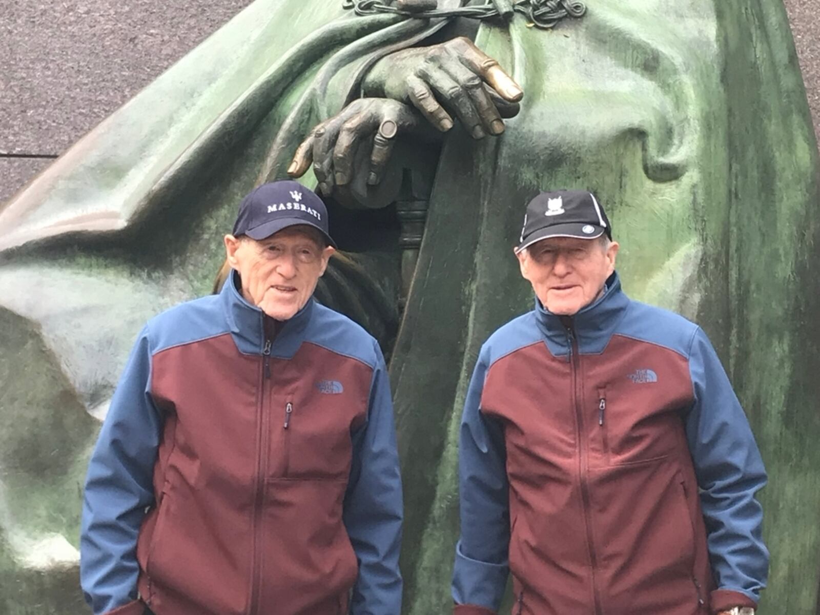 Twins Lou Levin, left and Al Levin, right, died recently. The twins were 98, owned multiple movie theaters and restaurants in  Dayton, and had served in World War II. Lou Levin's son Ryan Levin took them to an Honor Flight in November 2017. Courtesy of Ryan Levin