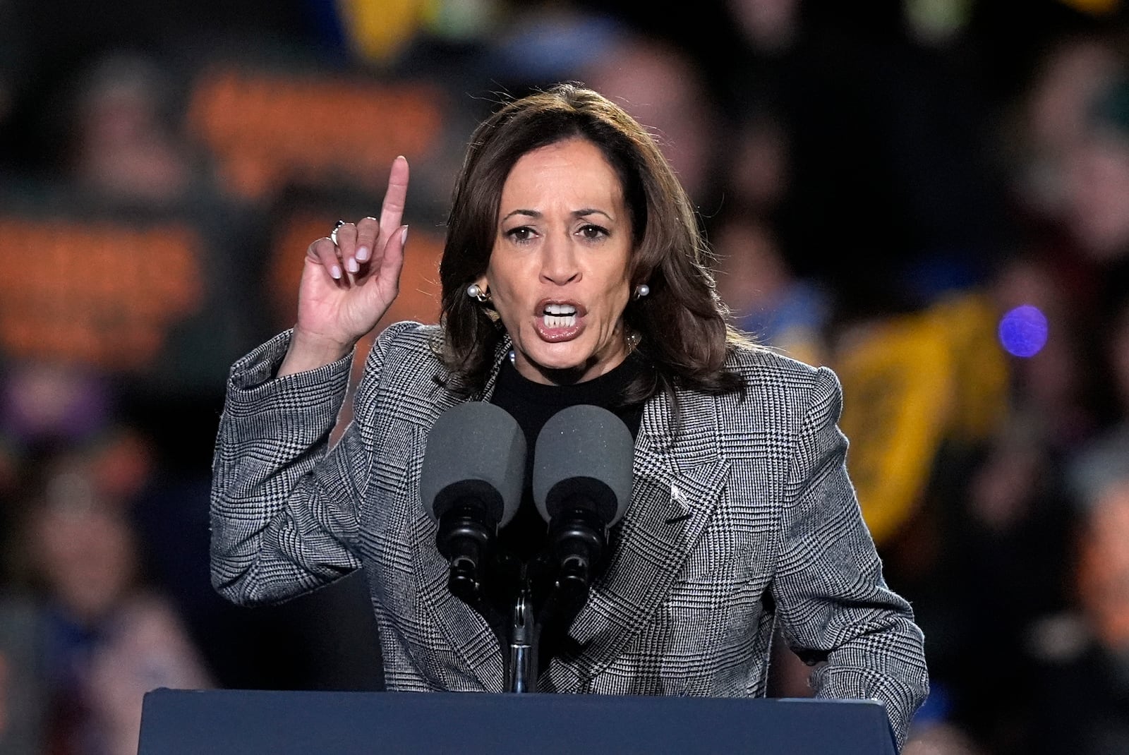 Democratic presidential nominee Vice President Kamala Harris speaks during a campaign rally at Burns Park in Ann Arbor, Mich., Monday, Oct. 28, 2024. (AP Photo/Carlos Osorio)