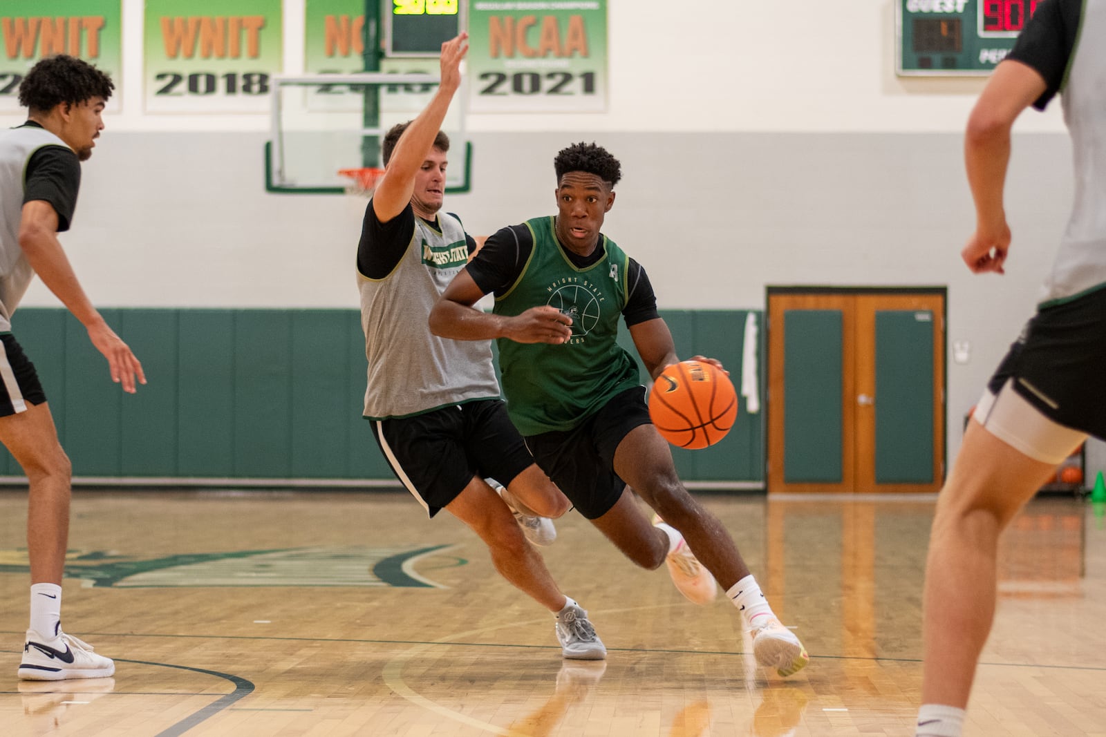 Wright State's Solomon Callaghan drives past a defender during a practice. Wright State Athletics photo