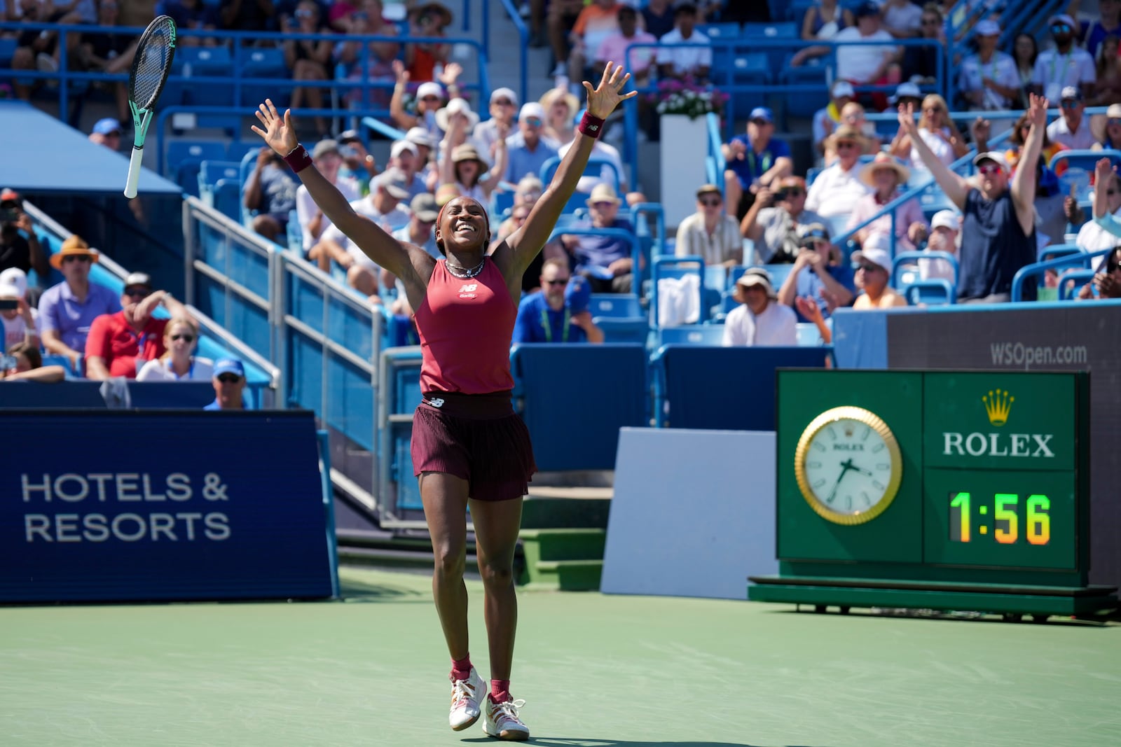 Coco Gauff, of the United States, celebrates match point against Karolina Muchova, of the Czech Republic, during the women's singles final of the Western & Southern Open tennis tournament, Sunday, Aug. 20, 2023, in Mason, Ohio. Gauff has won the two biggest titles of her career heading into the U.S. Open, where play begins on Aug. 28. (AP Photo/Aaron Doster)