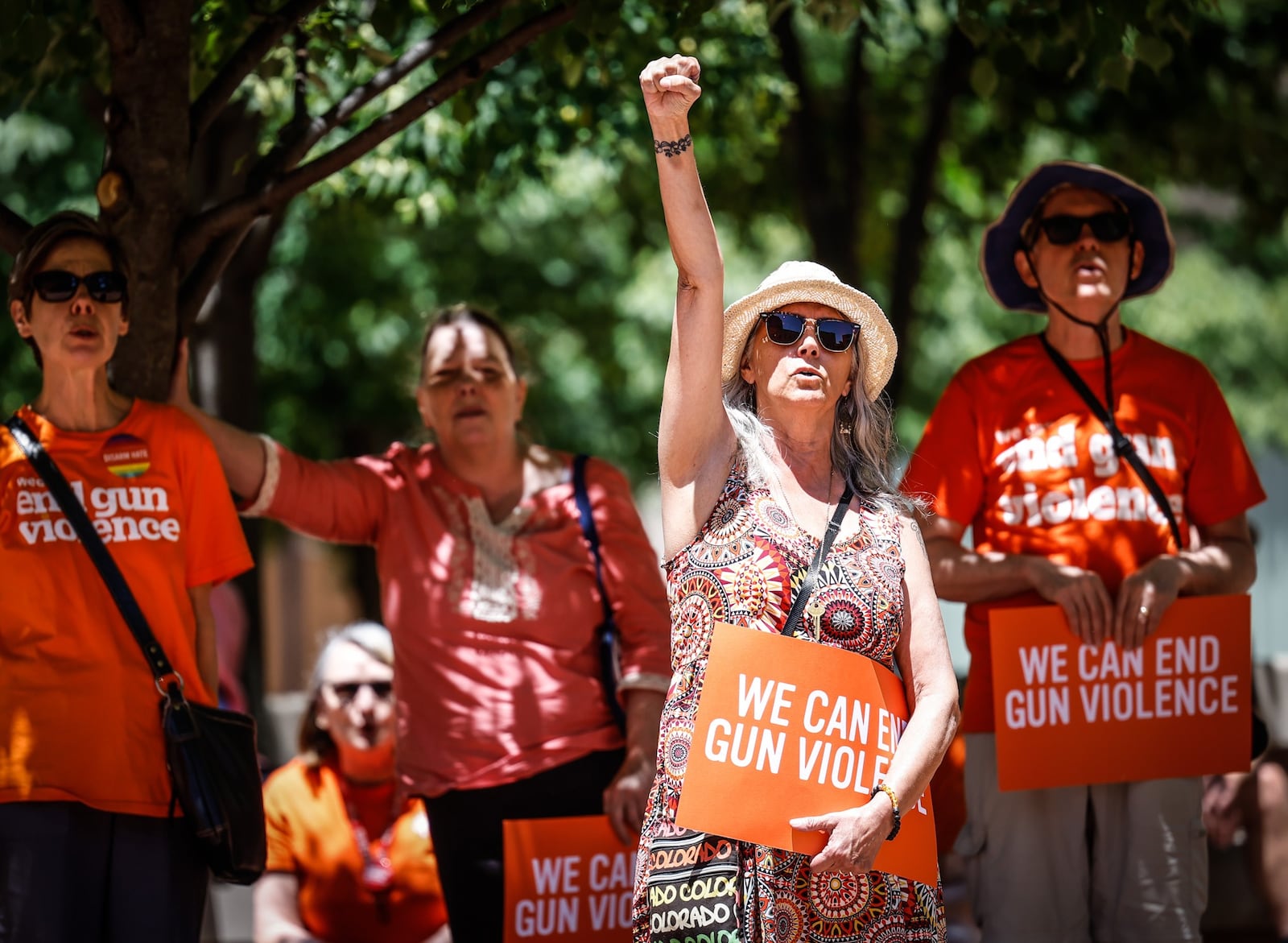 Carolina Bouffioux, from Dayton, reacts to a speaker on Courthouse Square Friday afternoon at the national gun violence awareness day. JIM NOELKER/STAFF