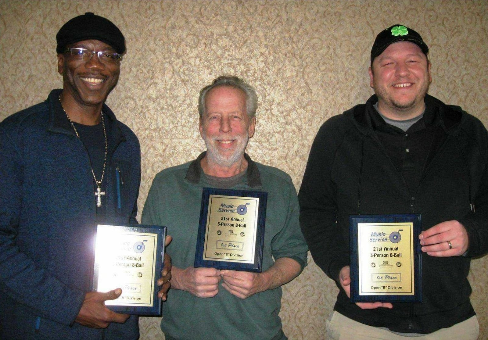 After winning the Music Service 3-person, 8-ball Tournament in Sioux Falls, South Dakota in February of 2019. From left, Roosevelt Chapman, Tom Wendt and Shave Tietjen. CONTRIBUTED