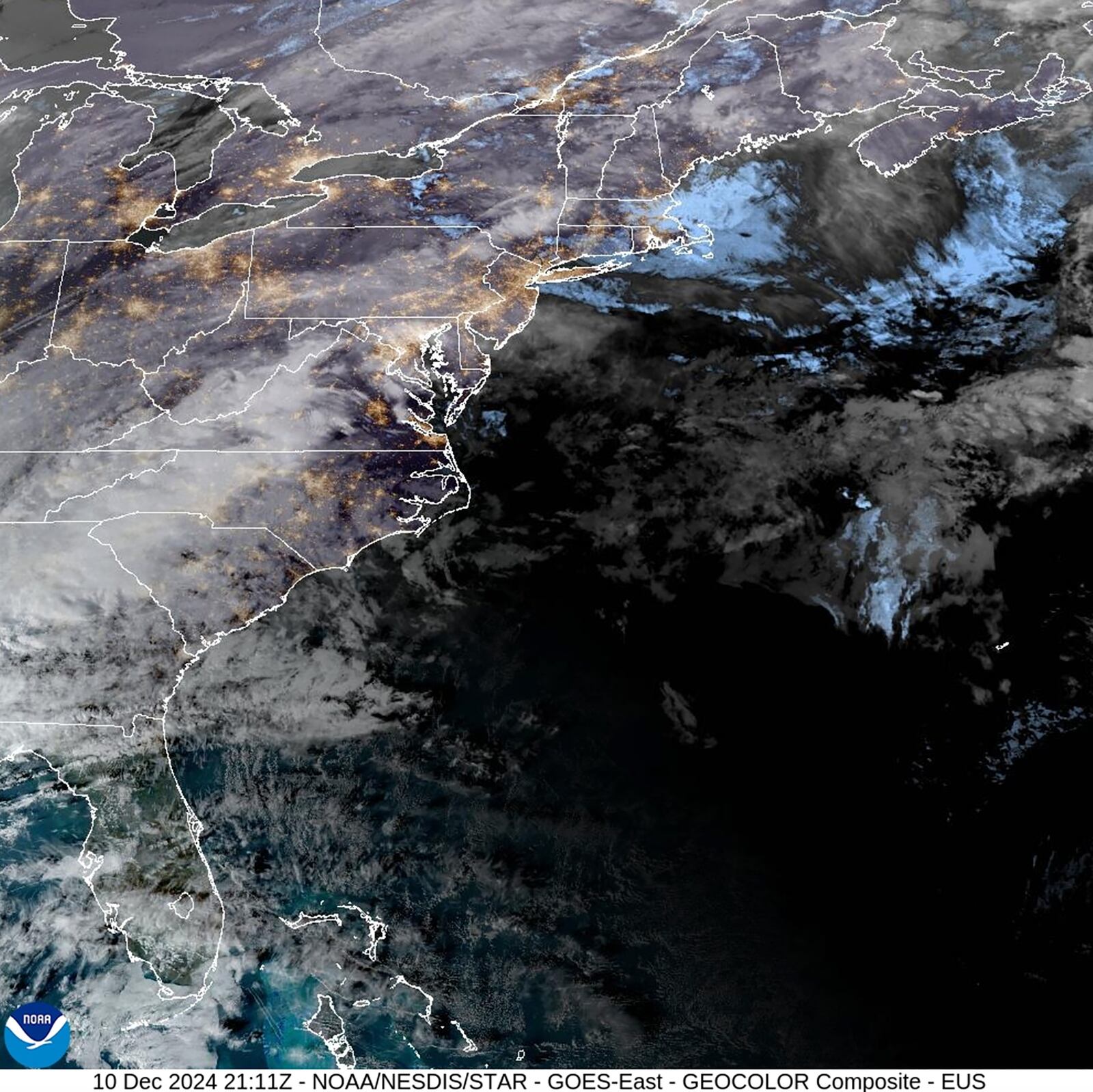 This Dec. 10. 2024 image provided by the National Oceanic and Atmospheric Administration (NOAA), shows the U.S. Atlantic east coast. (NOAA via AP)