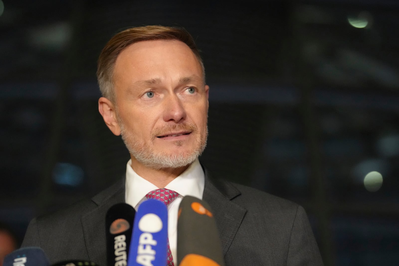 Federal Minister of Finance Christian Lindner makes a press statement following his dismissal by the Federal Chancellor in Berlin, Wednesday Nov. 6, 2024. (Kay Nietfeld/dpa via AP)