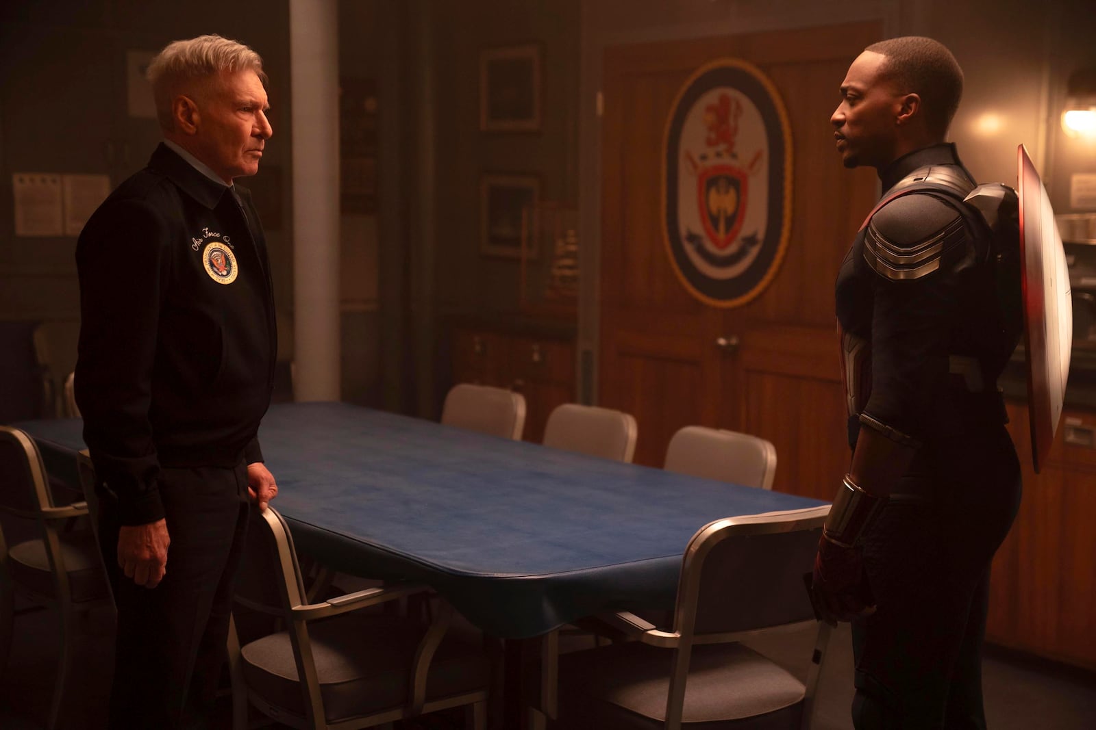 This image released by Disney shows Harrison Ford, left, and Anthony Mackie in a scene from Marvel Studios' "Captain America: Brave New World." (Eli Adé/Marvel Studios-Disney via AP)