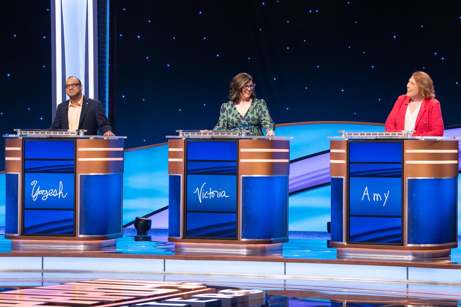 JEOPARDY! MASTERS - ÒSemifinals 1 & 2Ó - The ÒJeopardy! MastersÓ semifinal rounds commence with Amy Schneider, James Holzhauer, Victoria Groce and Yogesh Raut competing for their place in the championship game and the chance to claim the $500,000 grand prize. FRIDAY, MAY 17 (8:00-9:01 p.m. EDT) on ABC. (Disney/Eric McCandless) 
YOGESH RAUT, VICTORIA GROCE, AMY SCHNEIDER 