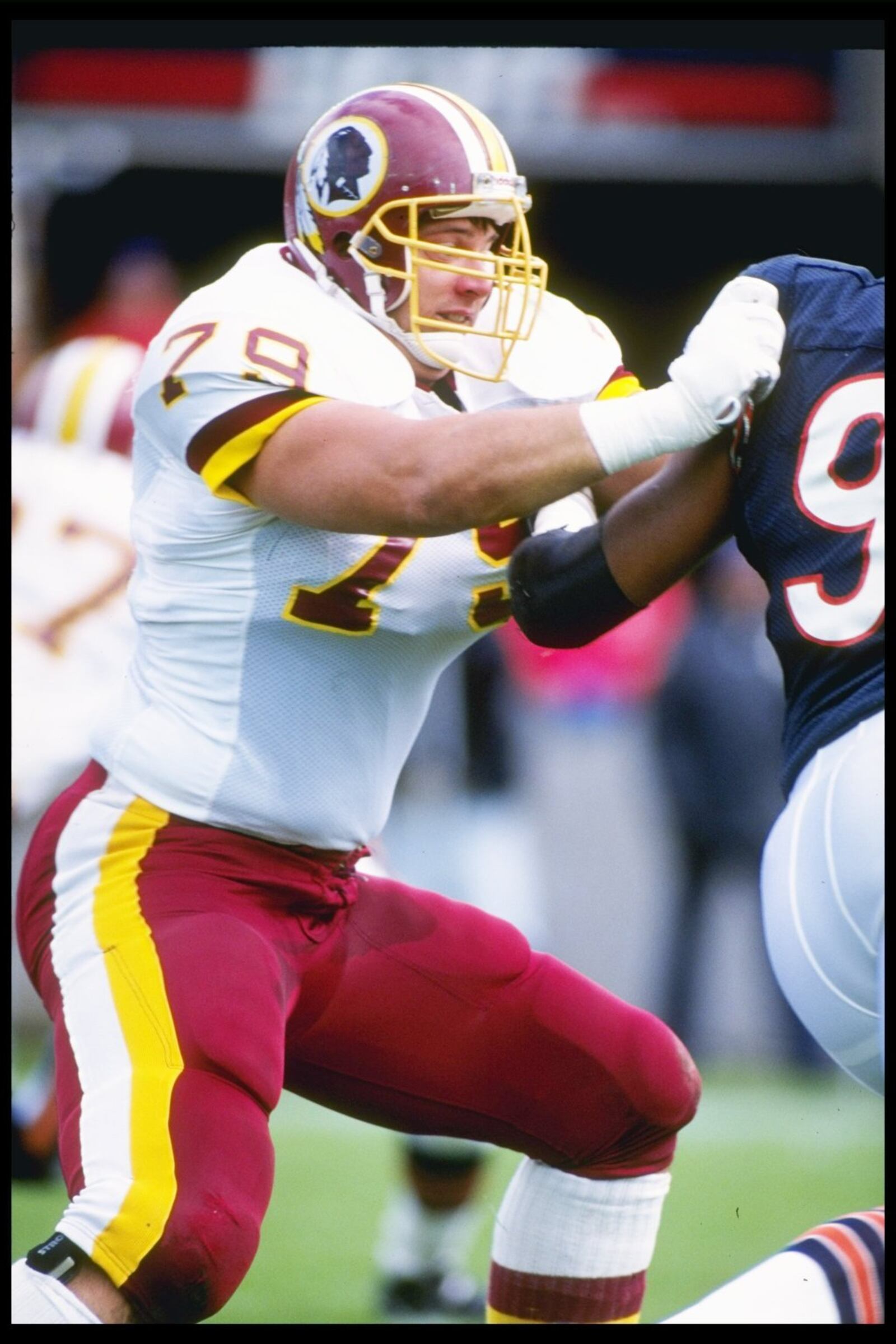 6 Oct 1991: Offensive lineman Jim Lachey of the Washington Redskins blocks a Chicago Bears player during a game at Soldier Field in Chicago, Illinois. The Redskins won the game, 20-7. Mandatory Credit: Jonathan Daniel /Allsport