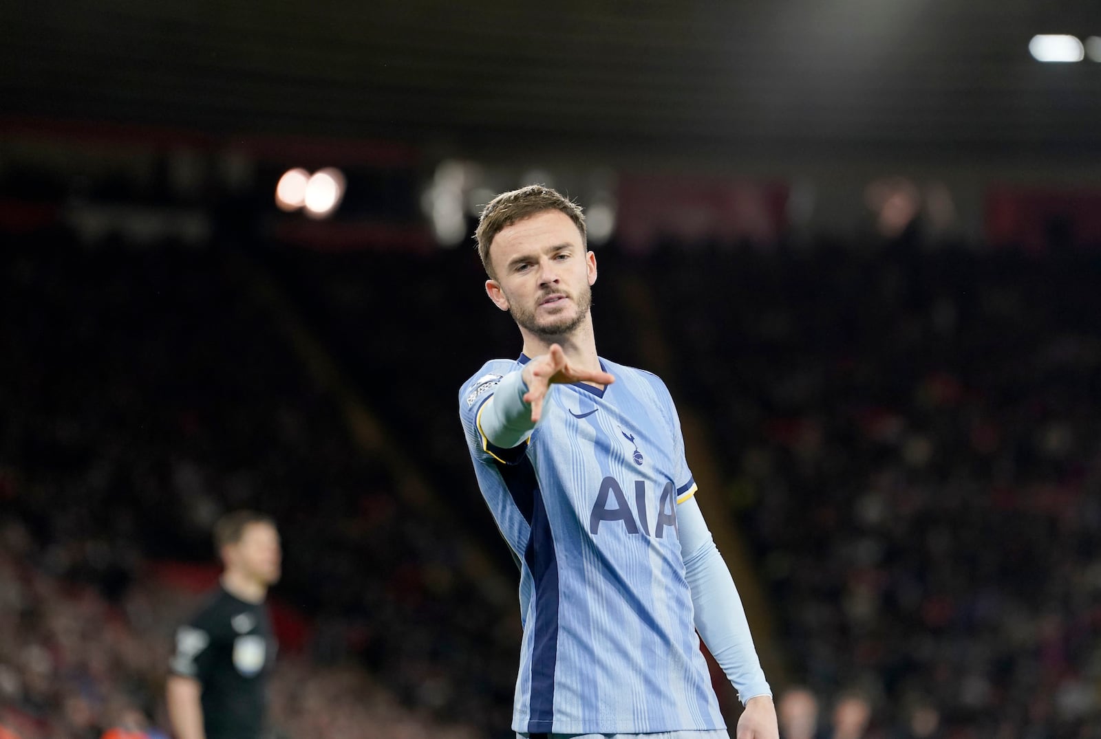 Tottenham Hotspur's James Maddison celebrates scoring during the English Premier League soccer match between Southampton and Tottenham Hotspur at St Mary's Stadium, Southampton, England, Sunday Dec. 15, 2024. (Andrew Matthews/PA via AP)