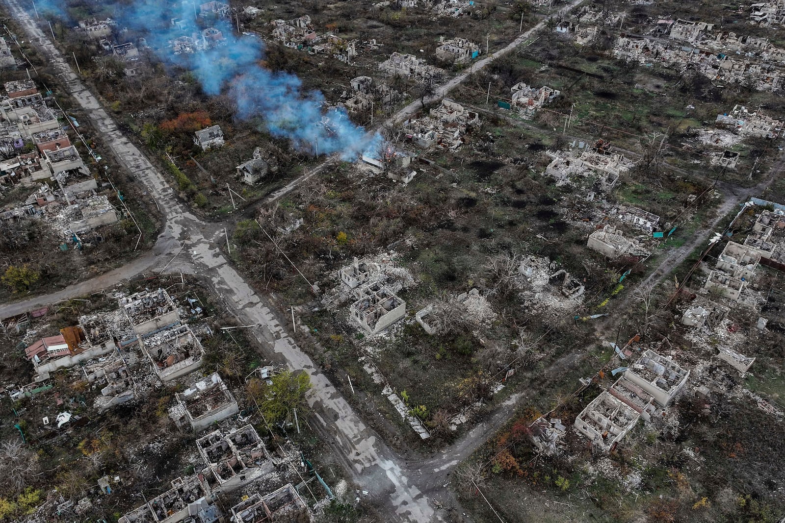 FILE - An aerial view of Chasiv Yar shows the frontline city in ruins after heavy fighting between Russian and Ukrainian forces, Donetsk Region, Ukraine, Monday Nov. 11, 2024. (AP Photo, File)