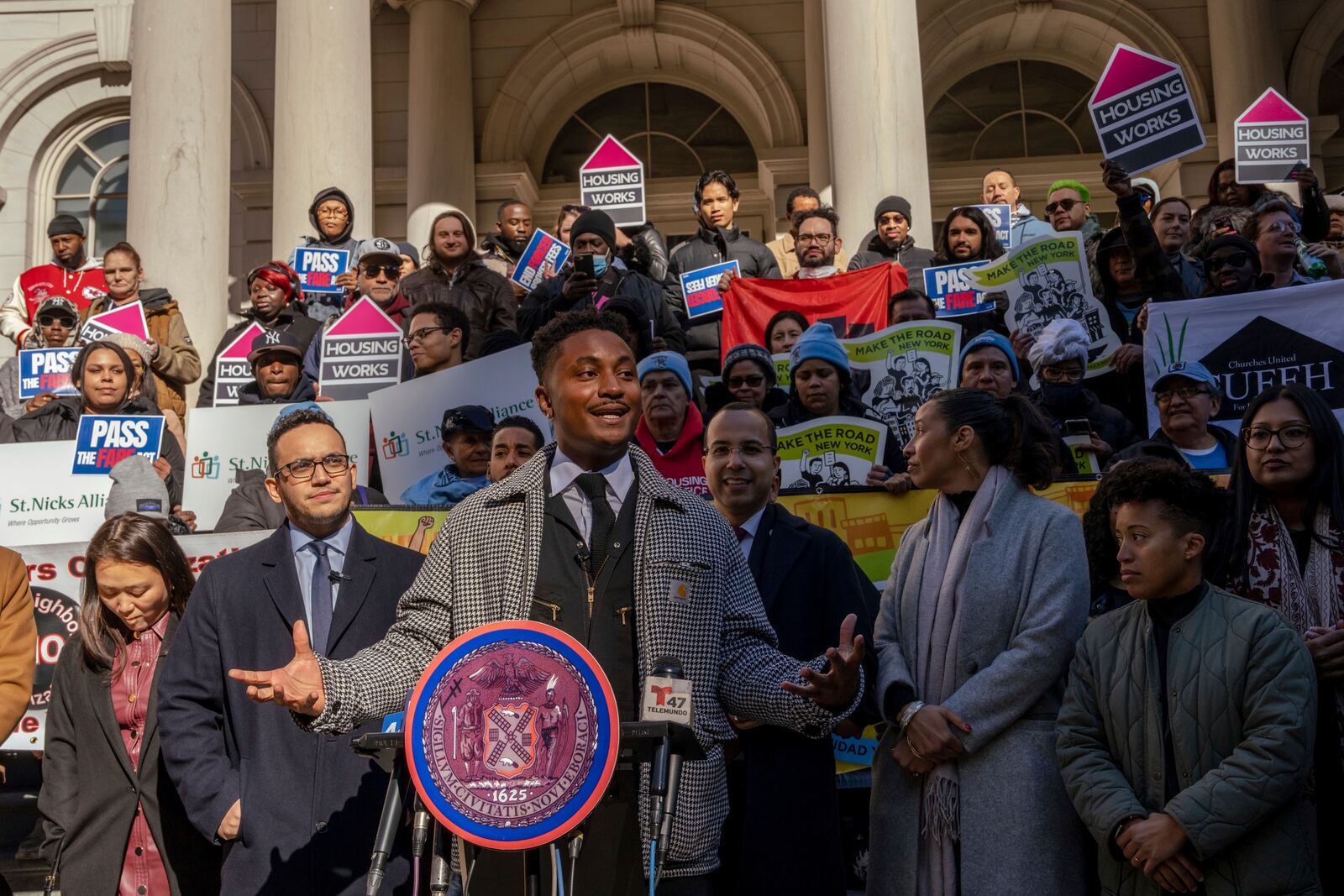 Councilmember Chi Ossé, D-Brooklyn, addresses a rally outside of City Hall in support of the FARE Act ahead of a City Council meeting, Wednesday, Nov. 13, 2024, in New York. (AP Photo/Adam Gray)