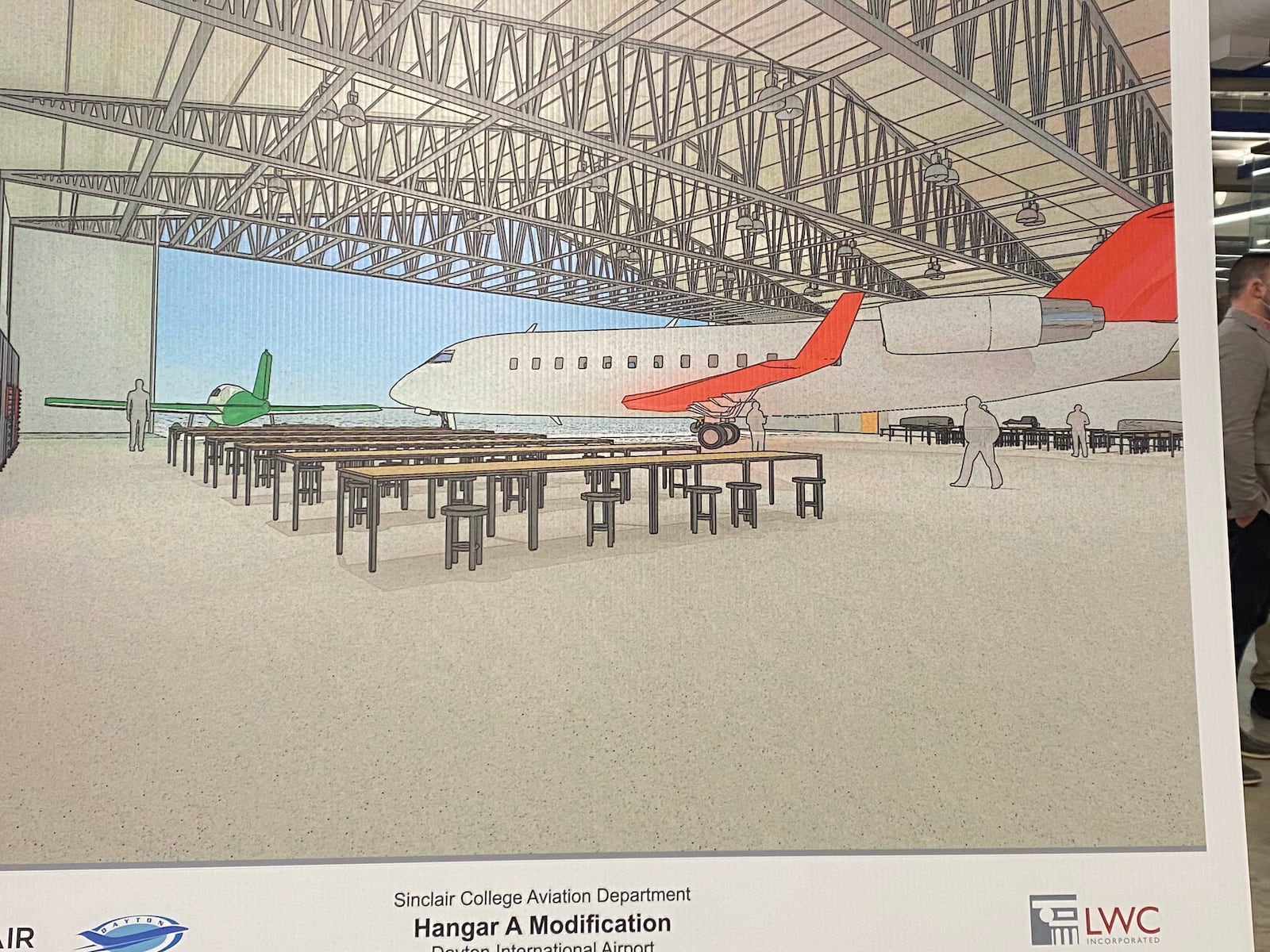 Plans for how a hanger at the Dayton International Airport would be modified to accommodate a new Aircraft Mechanic Training Facility. Eileen McClory / Staff