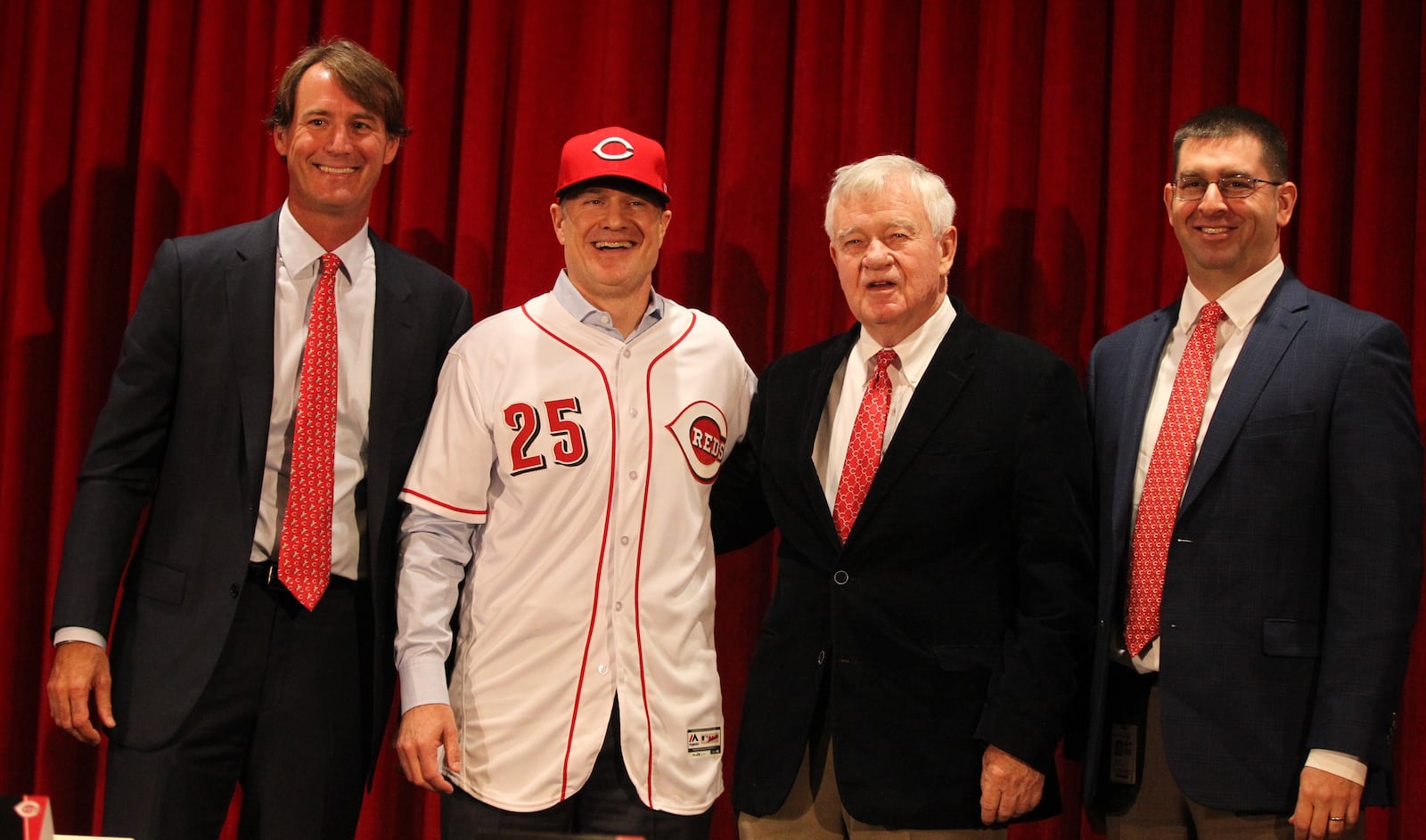 The Reds introduce David Bell as manager on Monday, Oct. 22, 2018, at Great American Ball Park in Cincinnati. From left to right are Dick Williams, Bell, Bob Castellini and Nick Krall.