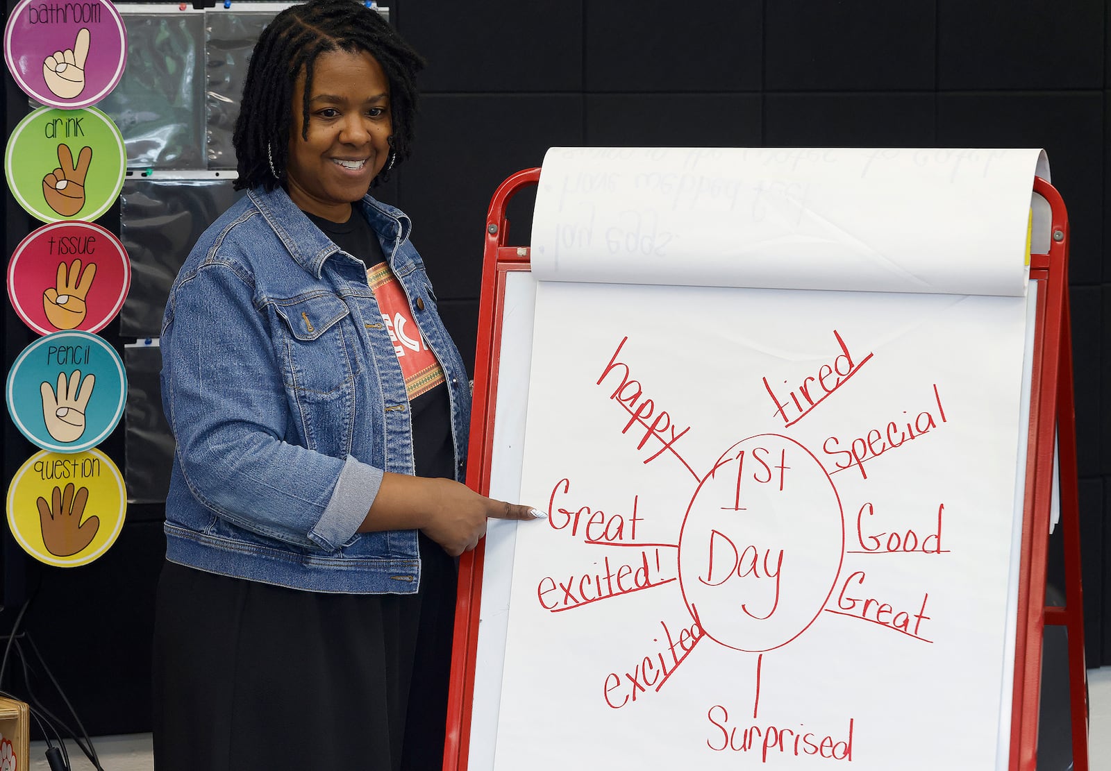 DECA first grade teacher, Joelle Perry asked her students how they were feeling about the first day of school Thursday, Aug. 8, 2024. MARSHALL GORBY\STAFF