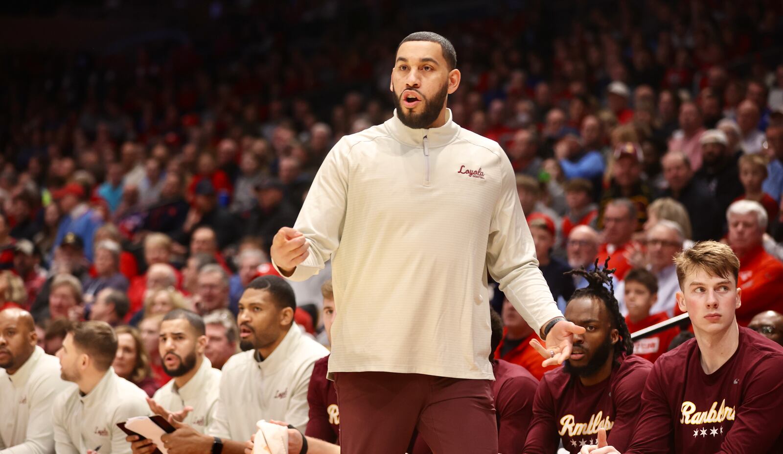 Loyola's Drew Valentine coaches during a game against Dayton on Tuesday, Jan. 31, 2023, at UD Arena. David Jablonski/Staff